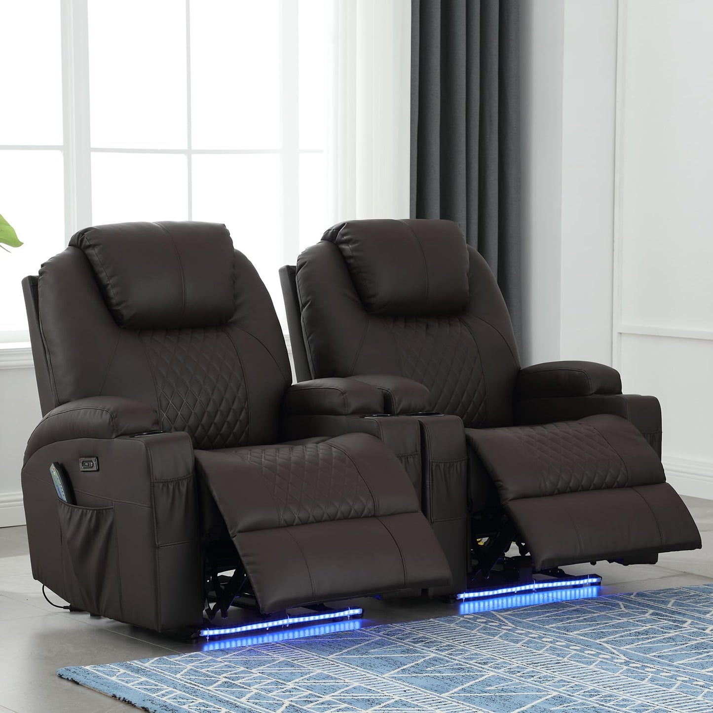 IBTKIG Power Recliner Chair with Heat and Massage, PU Leather Home Theater Seating with LED Lights/Cup Holders/Side Pocket/USB Port, Reclining Sofa Chair for Living Room (1, Brown)