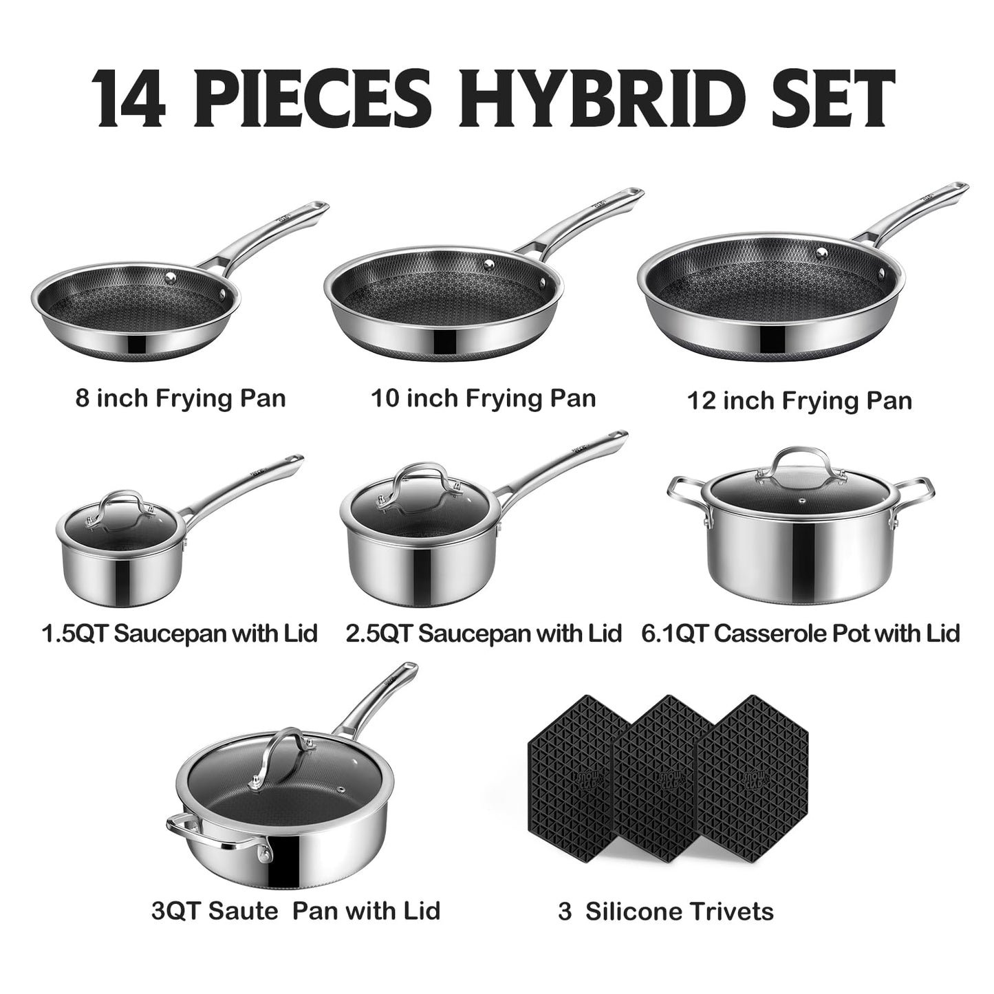 SNOWCLAD Pots and Pans Set Non Stick, 14 Pcs Hybrid Stainless Steel Cookware Sets, Non Stick Frying Pans, Saucepans, Saute Pan & Stock Pot, PFOA Free Kitchen Skillet,Induction Compatible