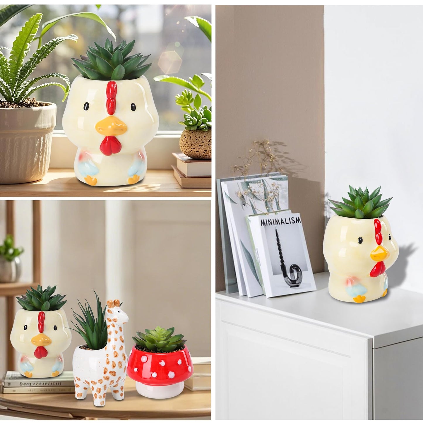 Chonsun Set of 3 Small Fake Succulent Plant in Cute Animal Ceramic Pot Small Artificial Succulent Plants Desk Plant for Home Office Shelf Decor