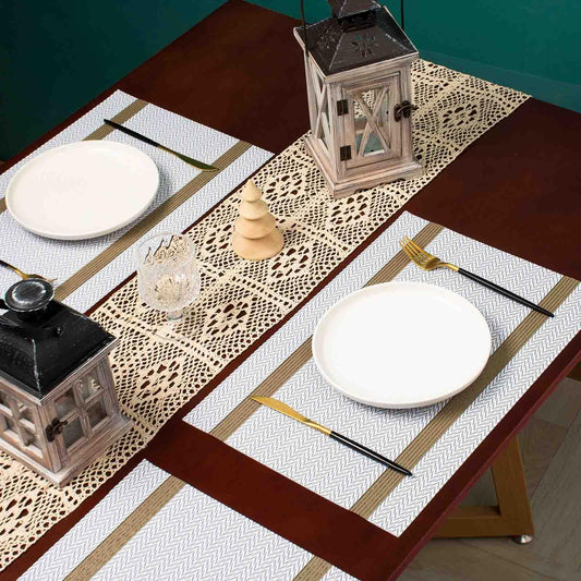 AHHFSMEI Placemats for Dining Table Set of 8 Woven Vinyl Plastic Place Mats Non-Slip Heat Insulation Stain Resistant Table Mats Washable Easy Clean Placemats (White Wave Stripe 8)