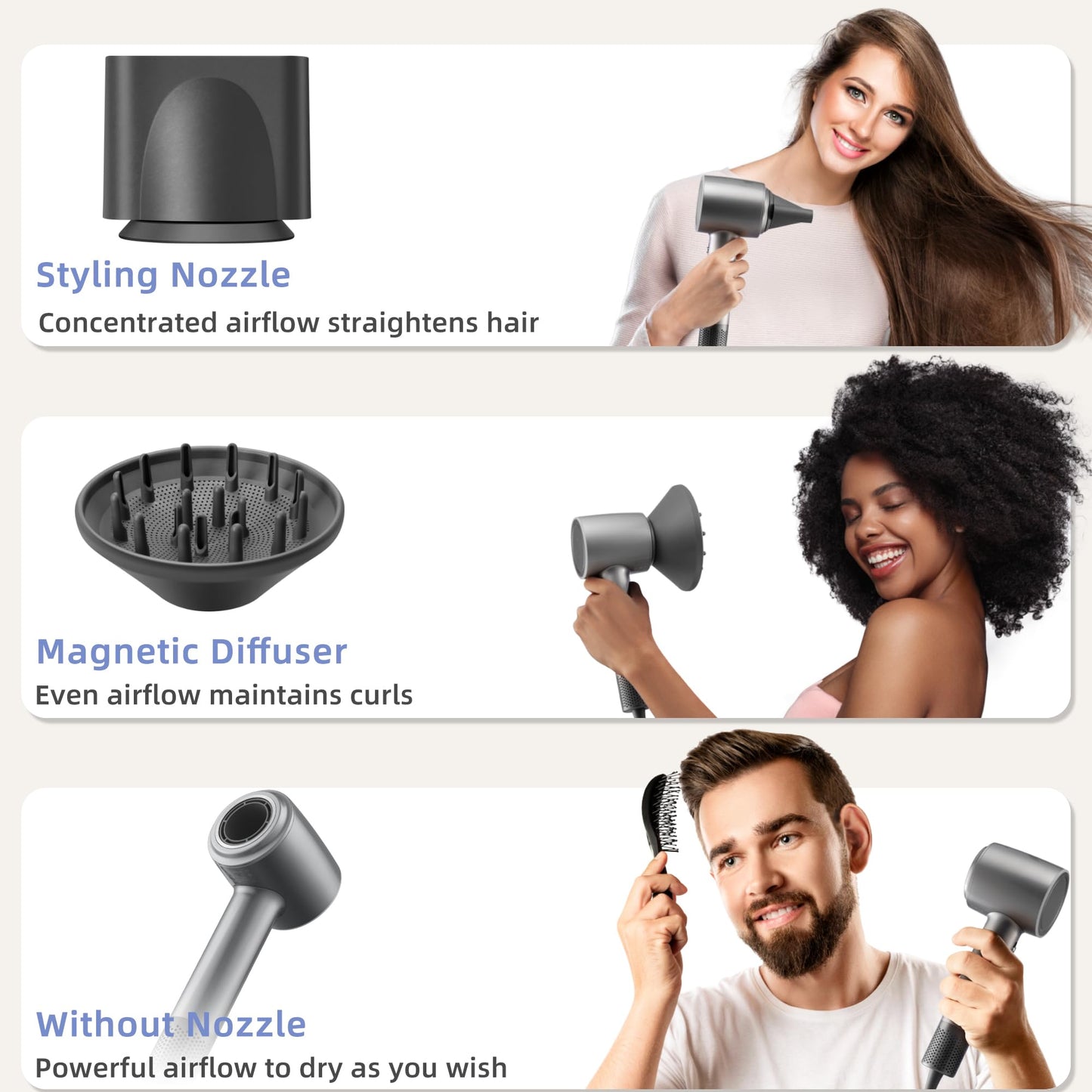 Hair Dryer 150000 RPM Super High Speed 500 Million Negative Ionic Blow Dryer Quiet Leafless Mini Powerful Fast Drying Hairdryer with Magnetic Diffuser and Nozzle for Home Professional Salon Travel