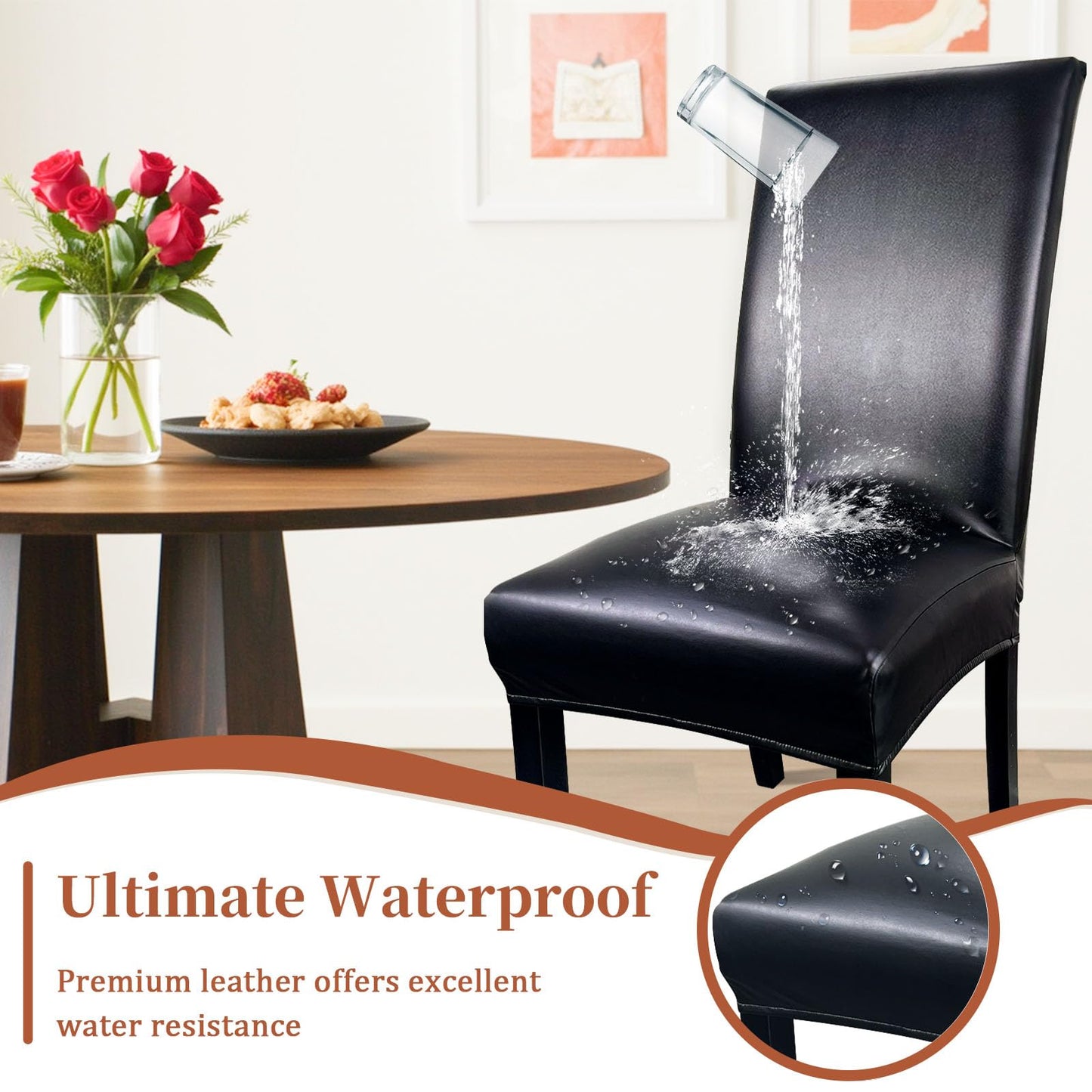 Pu Leather Dining Chair Covers set of 4, Waterproof Kitchen Chair Covers for Protecting Chairs from Stain/Scratch, Soft & Elastic Parsons Chair Slipcover Well-Fitted for Dinning Room(Black, 4Pcs)