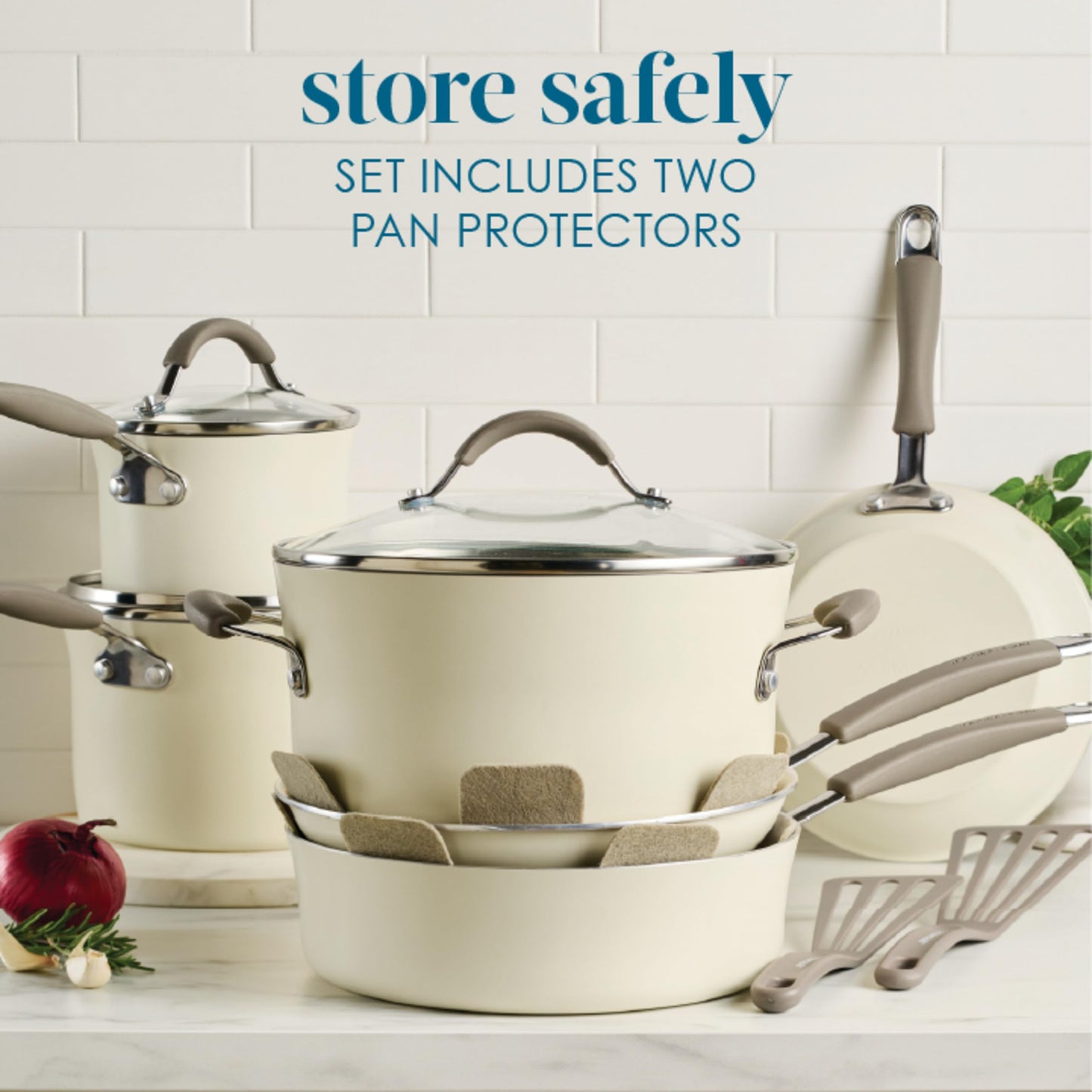 Rachael Ray Cucina Ceramic Nonstick Pots and Pans Set with Saucepans, Saute, Frying Pans, Stockpot, Lids, Pan Protectors, and Cooking Utensils, 13 Piece Non Stick Cookware Set - Almond