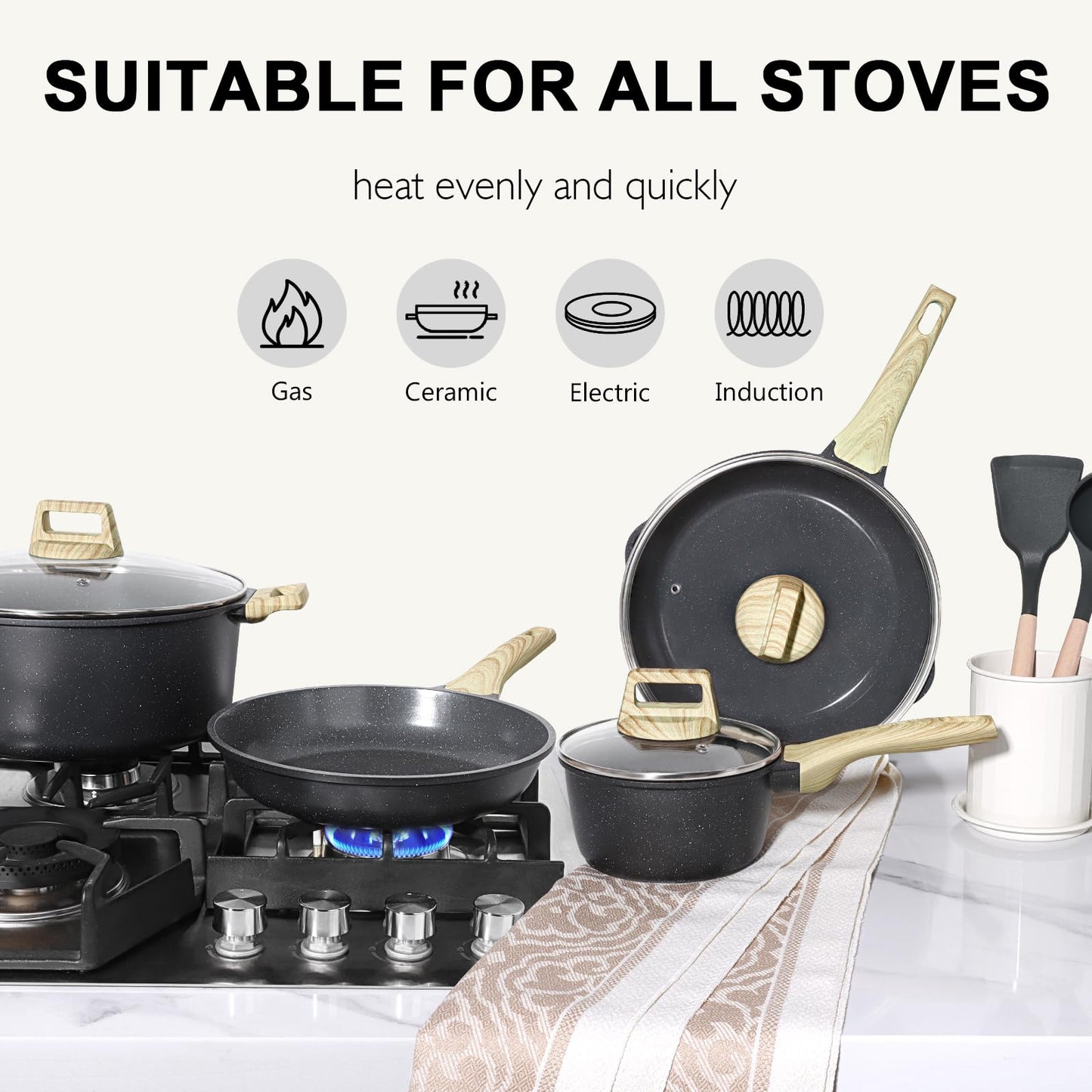 GiPP Ceramic Pots and Pans Set Non Stick - 18 Pcs Nonstick Cookware Set, Non-toxic Healthy Kitchen Cooking Set w/Frying Pans Set, Dishwasher Safe, PFAS PTFE PFOA PFOS Free