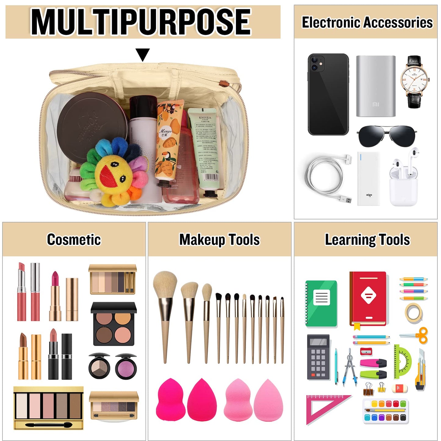 Chenille Letter Clear Makeup Bags Baby Pouch, Preppy Patch Makeup Bag Zipper with Handle, Transparent PVC & Nylon Waterproof Glitter Cosmetic Handbag Travel Toiletry Storage for Women Girl(BABY-Beige)