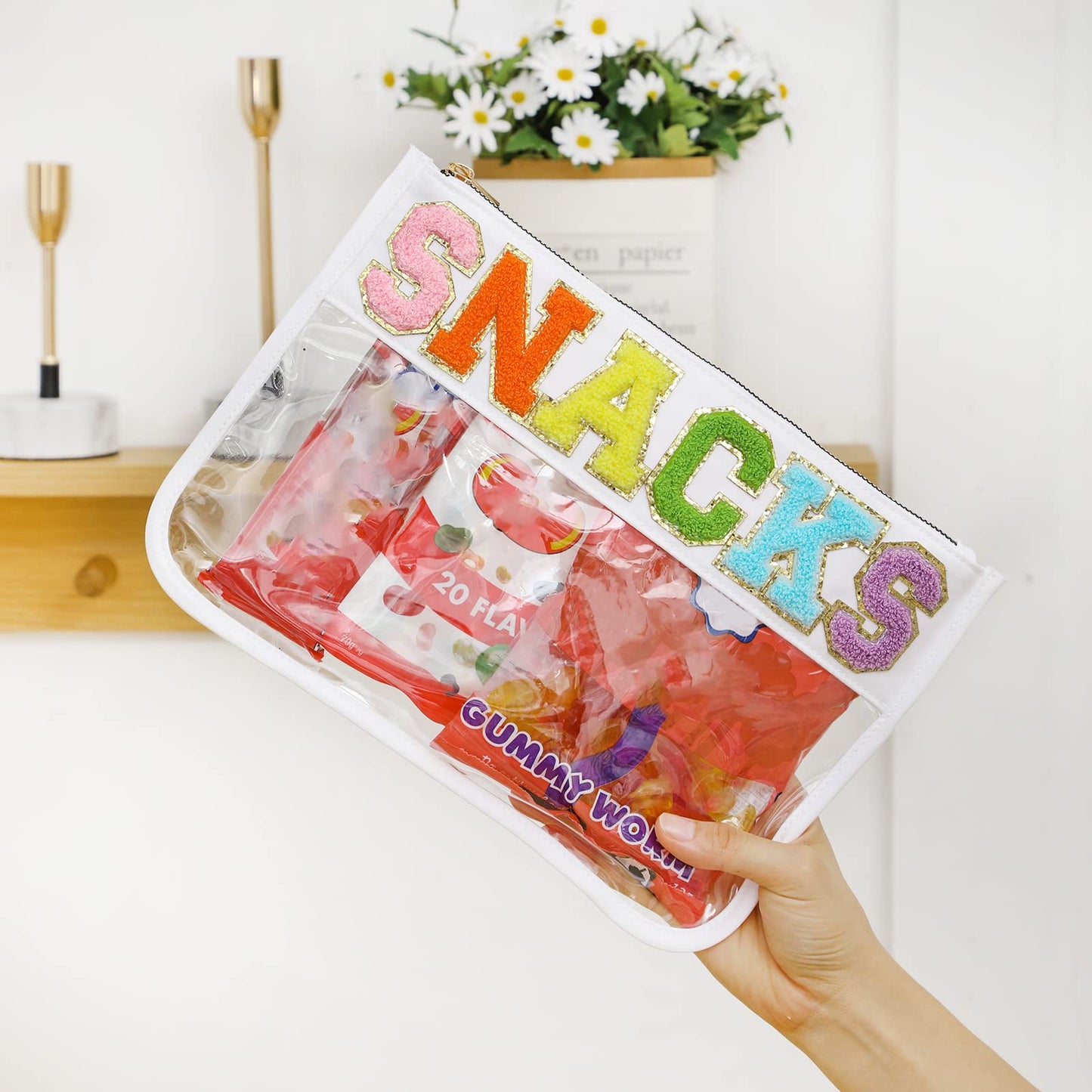 DYSHAYEN Snack Bag for Travel,Chenille Letter Clear Zipper Pouch,Nylon Clear Cosmetic Bag,Preppy Makeup Travel Bag for Women (White-Snacks)