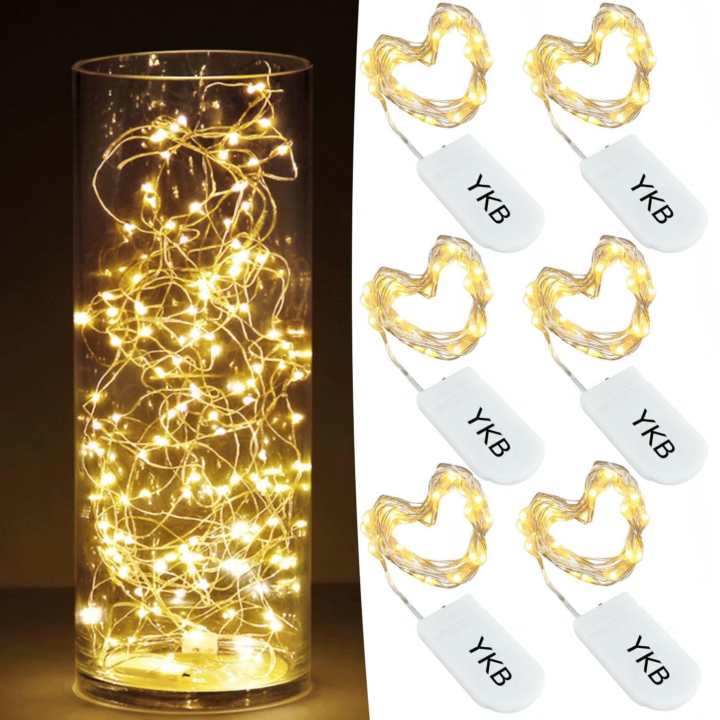 YKB 6 PCS Fairy Lights LED Starry String Lights with 20 Micro LEDs on 3.3FT/1m Copper Wire, Powered by 2xCR2032(Incl) Batteries, for Wedding Party Holiday Halloween Christmas Decorations, Warm White