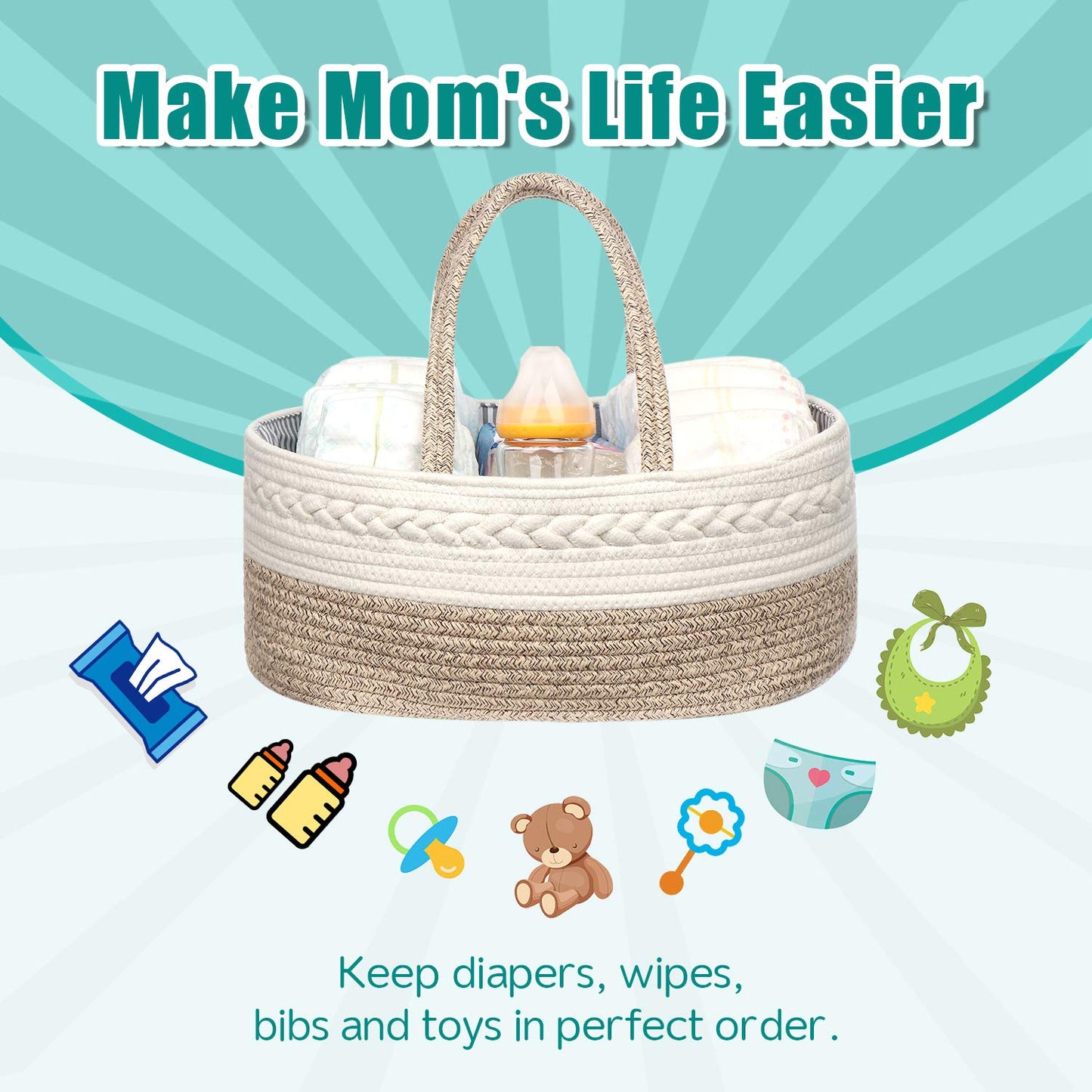 maxgoods Baby Diaper Caddy Organizer -100% Cotton Baby Basket Bin with Removable Divider -Portable Tote Bag Storage Basket for Boy & Girl Nursery Organization (White & Yellow Variegated)