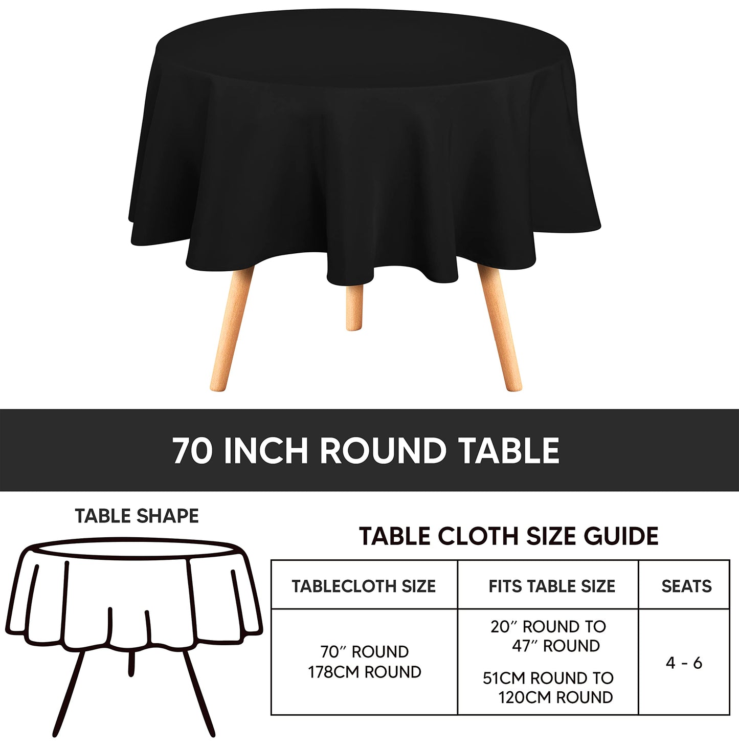 Utopia Kitchen 2 Pack Round Table Cloth [70 Inches, Black] Stain and Wrinkle Resistant Tablecloth Washable Polyester Cover for Dining, Buffet Parties, Picnic and Weddings
