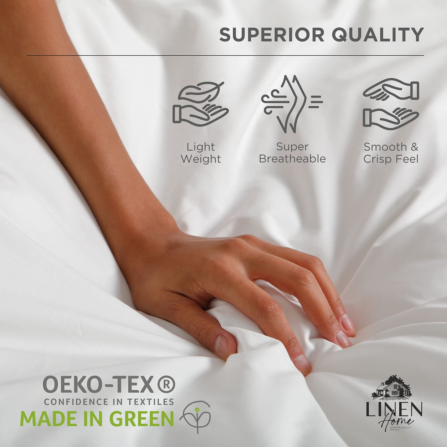Linen Home 100% Cotton Percale Sheets Queen Size, White, Deep Pocket, 4 Pieces Set - 1 Flat, 1 Deep Pocket Fitted Sheet and 2 Pillowcases, Crisp Cool and Strong Bed Linen