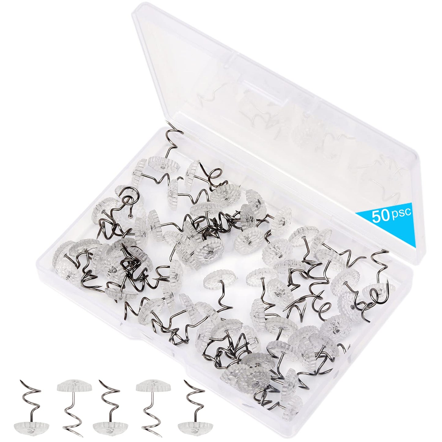 Lesnow Bedskirt Pins,Spiral Push Pins,Clear Heads Twist Pins,50pcs(0.75inch) Upholstery Tacks, Headliner Pins for Slipcovers and Bed Skirts (50PCS)