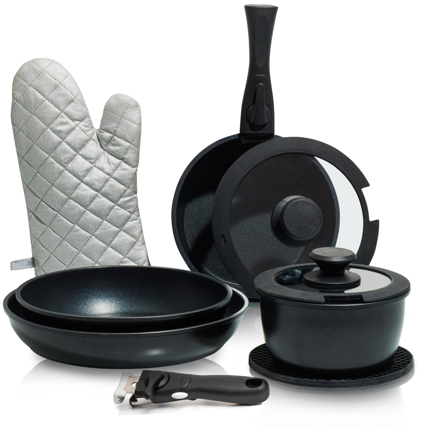 Moss & Stone 10pcs Black Pots and Pans Set Non Stick, Cookware Sets Detachable Handle, RV Kitchen Set Removable Handle, Oven Safe, Induction Ready, Stackable Non-stick Set, Camping Cookware Set