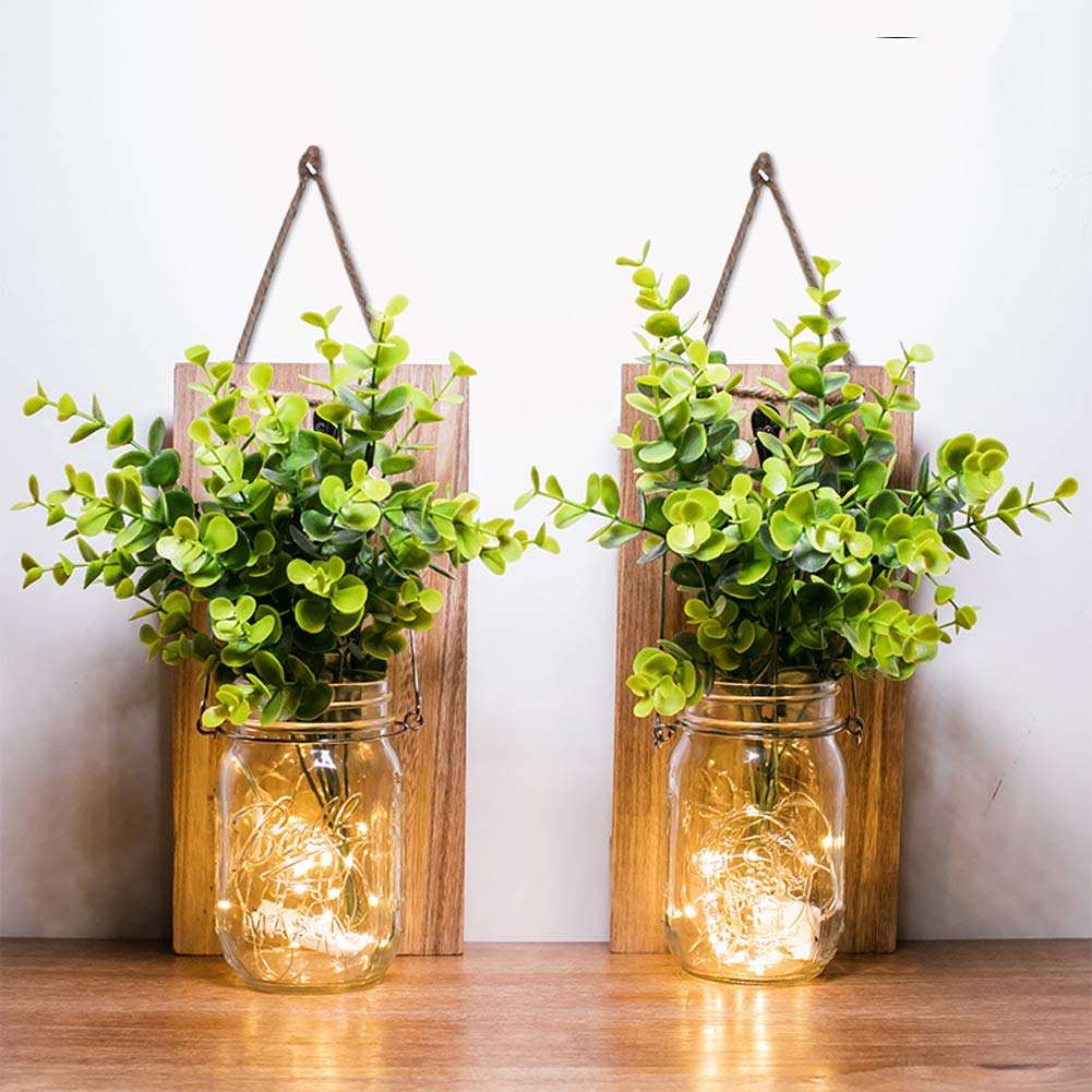 Rustic Wall Sconces, Mason Jar Sconces, Farmhouse Home Decor, LED Fairy Lights, Green Fake Plant, Interior Decoration Warm Toned Lighting. (2 Pack)