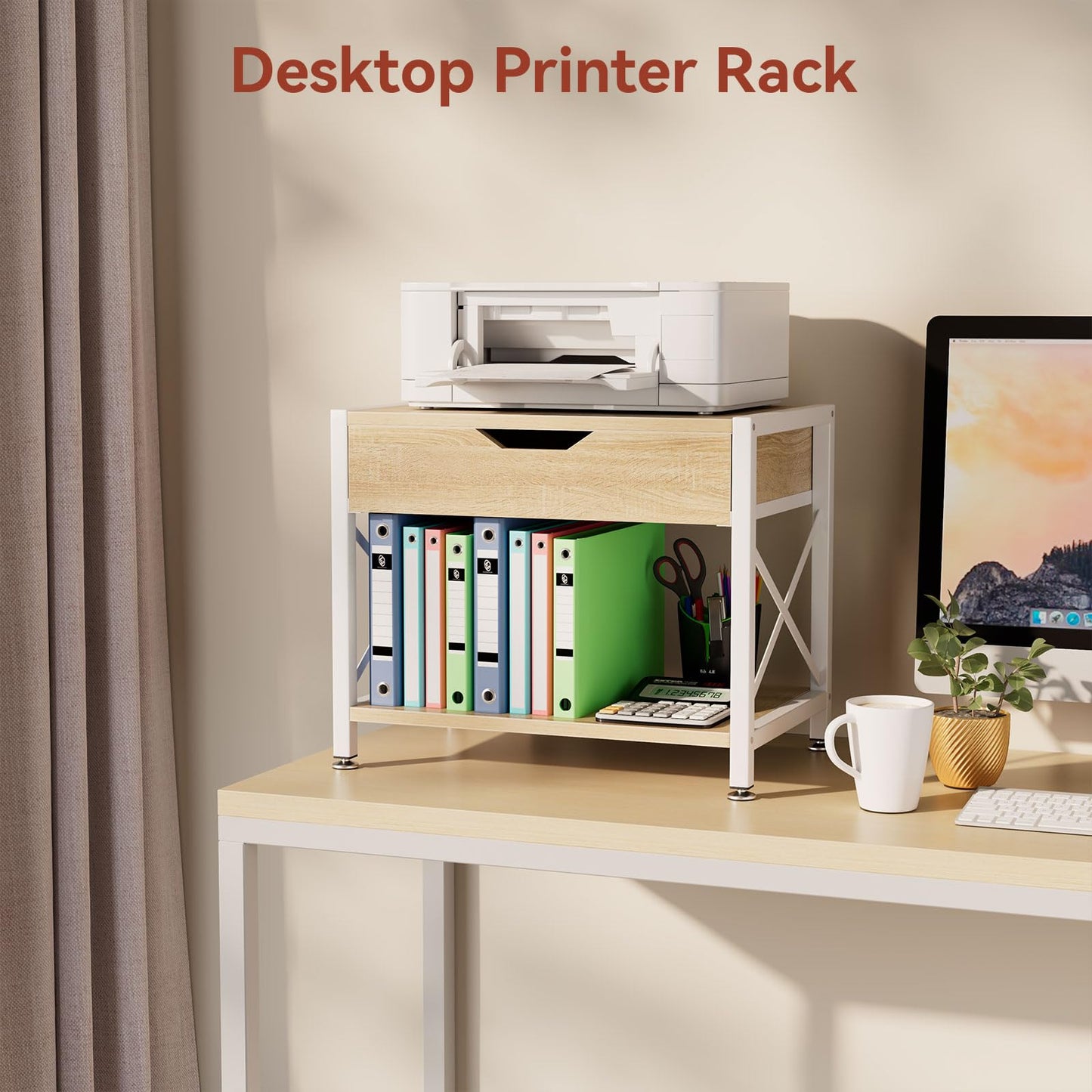 IBUYKE 2 Tier Desktop Printer Stand,Multi-Purpose Desk Organizer,Wooden Printer Stand with Drawer Storage for Folders,Books,for Fax Machine, Scanner,Home Office,Light Wood TLJ012R