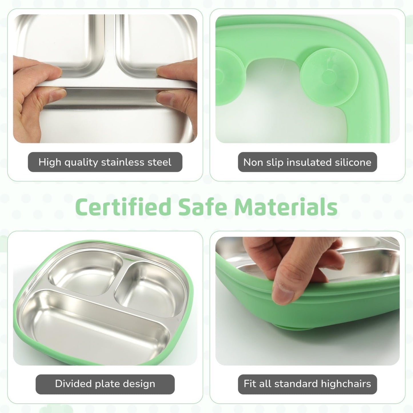 LYA Stainless Steel Suction Plates for Baby - Food Grade Stainless Steel Baby Feeding Set with Removable Silicone Wrap - 2x Children’s Non-Toxic Plates with 2x Baby Spoons and 2x Forks - Blue/Mint