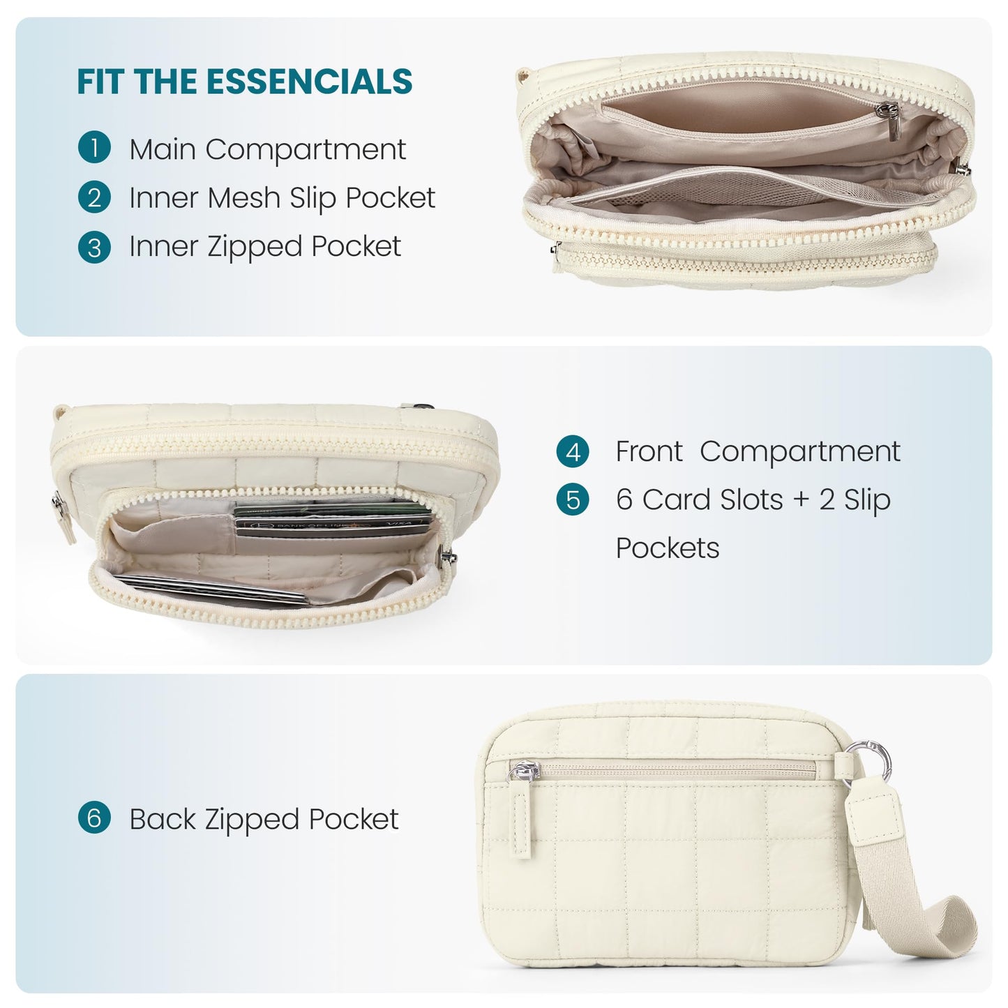 VONAL Wristlet Wallets for Women, Quilted Wristlet Purse, Nylon Wallet Purse with 3 Zipper, Credit Card Holder with RFID Blocking Cell Phone Organizer, Puffer Womens Wristlet Wallets, Beige