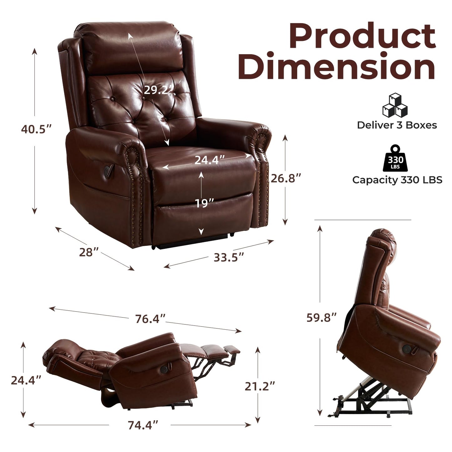 Rhevoy Power Lift Recliner Chair for Elderly with Adjustable Headrest,Electric Lift Chair with Massage and Heat, Lay Flat Recliner for Big and Tall,Brown