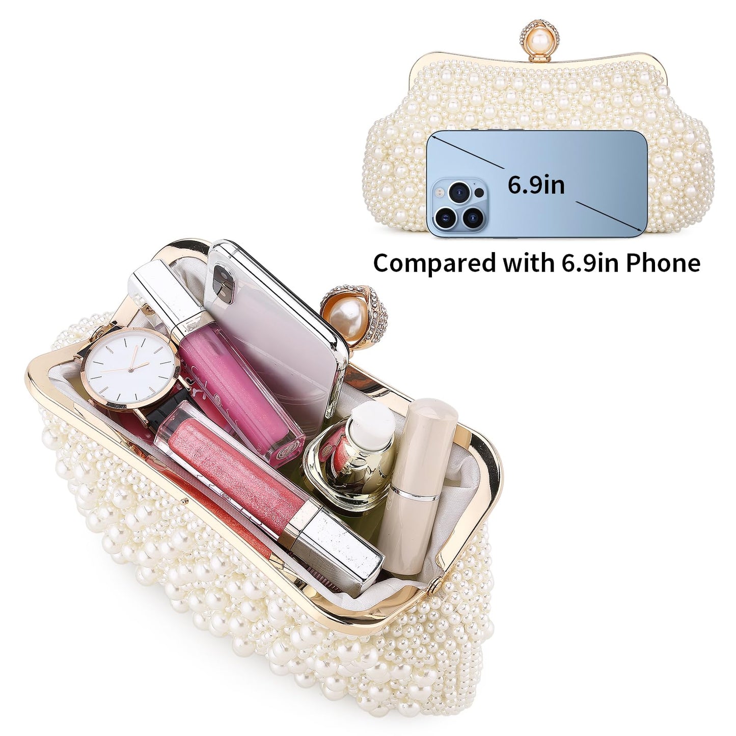 UBORSE Women Pearl Clutch Bead Rhinestone Evening Clutch Bag with removable Pearl Chain Ivory White