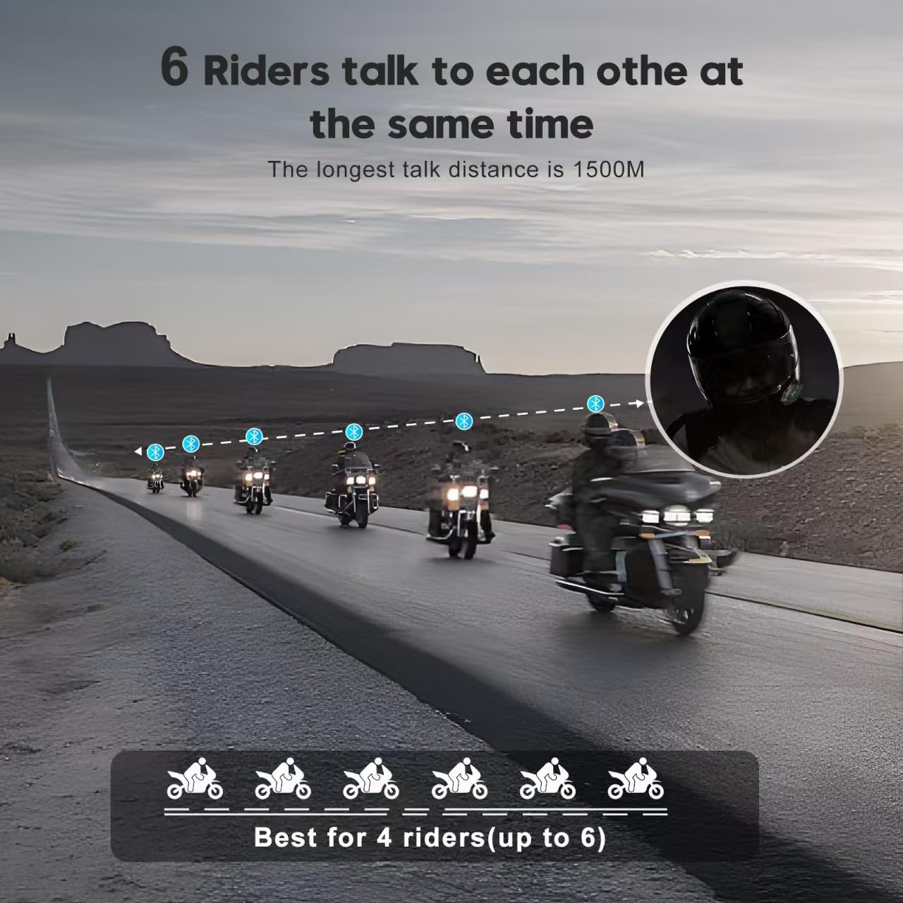SKYVENT Q4 Motorcycle Bluetooth Communication System Headset Intercom, 4 Riders 1500m Music Sharing, FM, Noise Cancellation, IP65 Waterproof, Dual Pack (Q4)