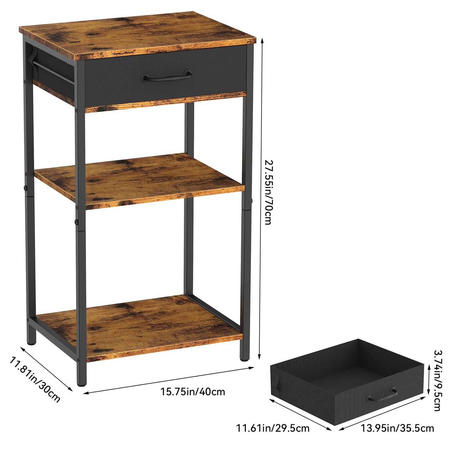 NORCEESAN Printer Stand with Storage, 3 Tier Printer Table for Small Spaces Nightstand with Fabric Drawers Office Side Table with Shelves Industrial Wood Night Stand for Home, Rustic Brown