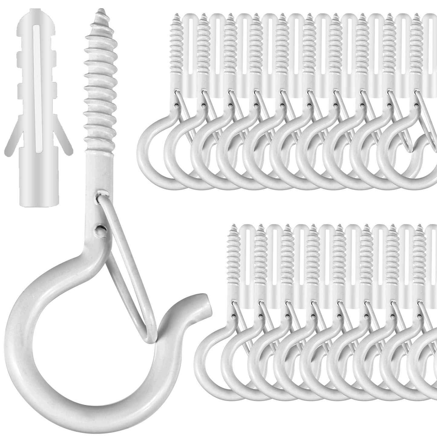 50 Pack Screw-in Hooks for Outdoor String Lights, Q Hanger Hooks for Outside, Swivel Hanging Basket Patio Hook with Safe Buckle, Plant Eye Hook for Wall Ceiling with 1 Wing Nut Driver, Silver