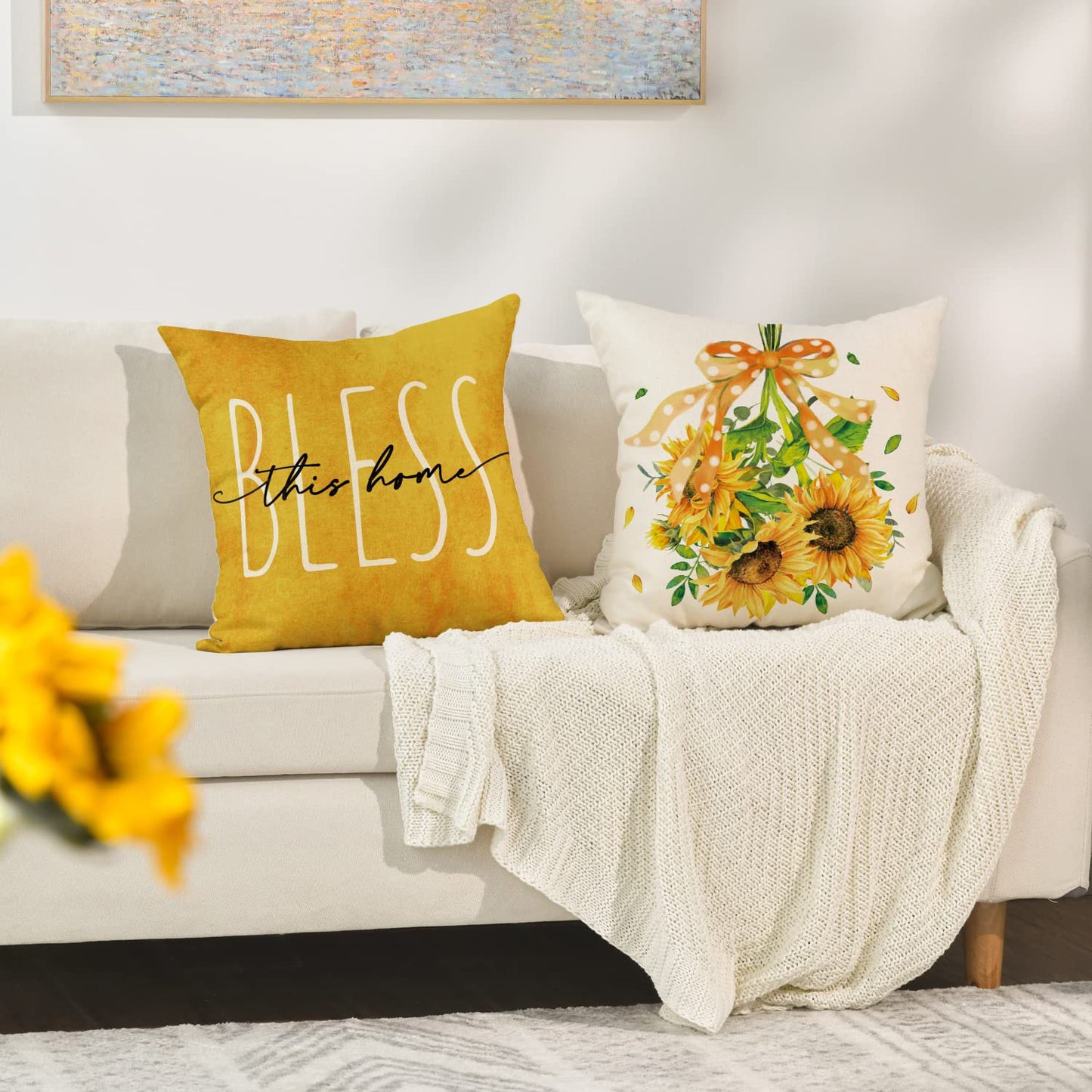 AVOIN colorlife Sunflower Home Sweet Home Bless This Home Summer Throw Pillow Covers, 18 x 18 Inch Yellow Cushion Case for Sofa Couch Set of 4