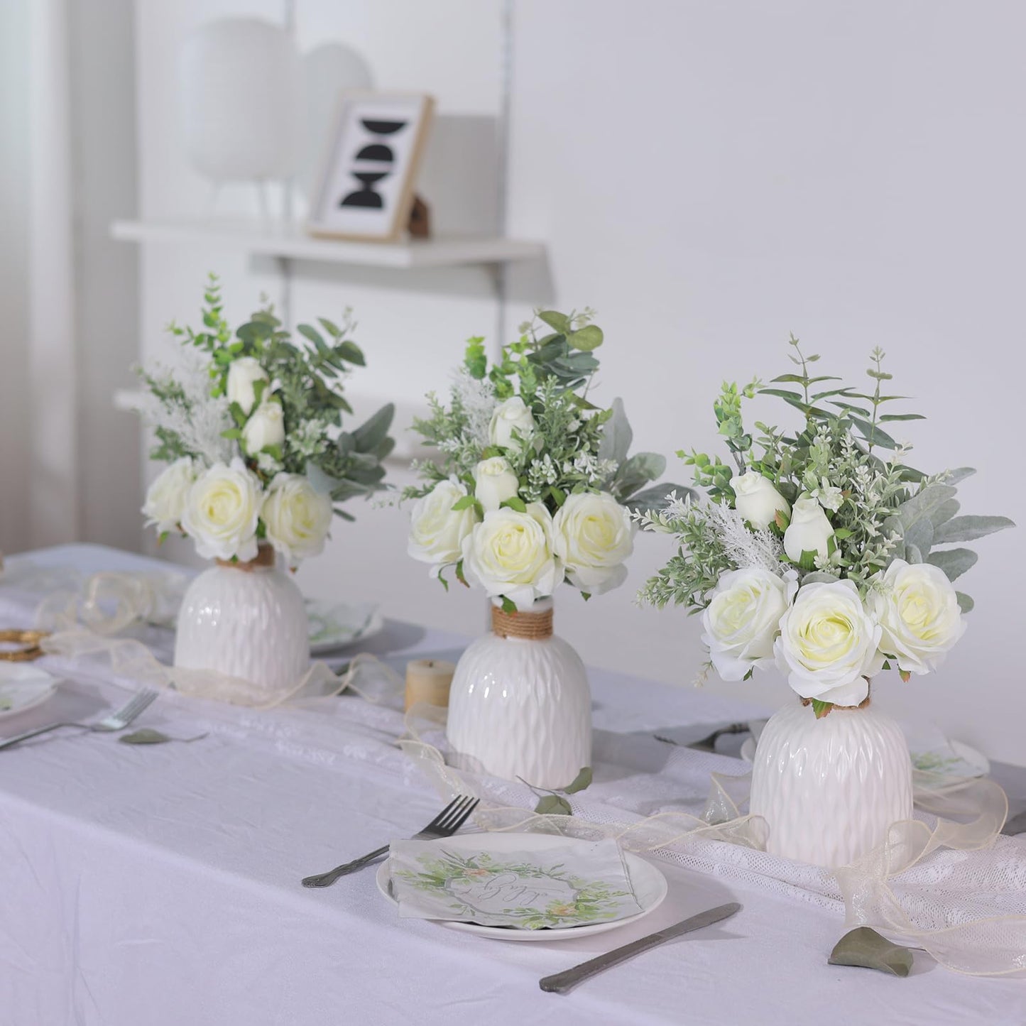 FOTEEWL Artificial Flowers with Ceramic Vase,Faux Silk Roses and Fake Plant Eucalyptus in Vase for Centerpiece Table Decorations, Living Room,Dining Table,Fireplace,Office,Farmhouse,Home Decor(White)