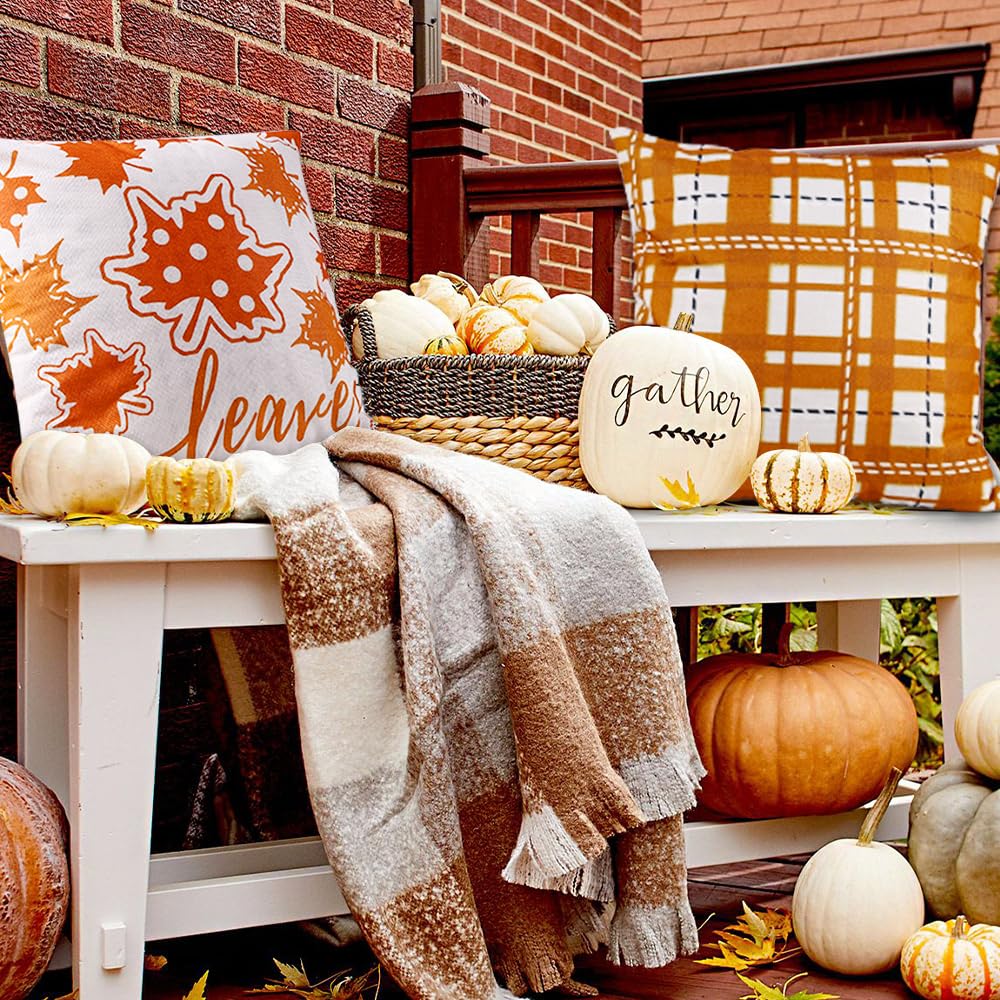 Heirloom Haven 4pcs Fall Pillow Cover 18x18in Thanksgiving Hello Maple Leaves Buffalo Throw Pillow Cases Decoration Autumn Harvest Cushion Pillow Covers for Farmhouse Couch Sofa Outdoor Home Decor