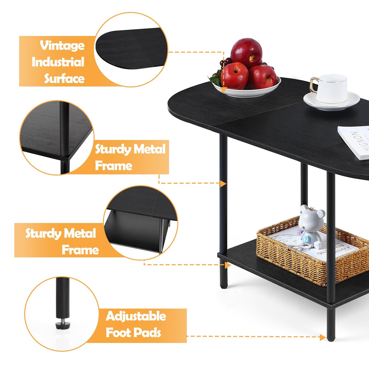 Coffee Tables for Living Room,2-Tier Small Coffee Table Industrial Modern Black Coffee Table with Storage Shelf and Wood Tabletop for Small Space,Home Office