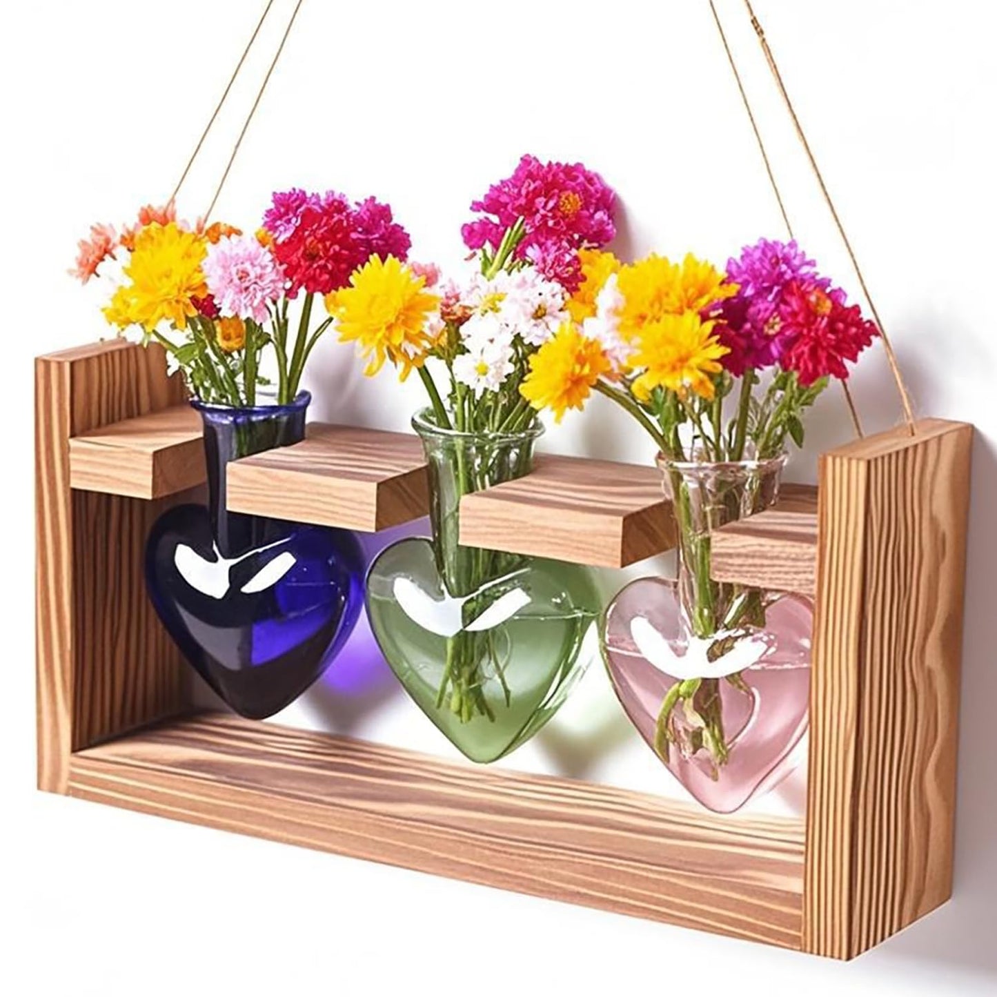 TumanLiving Heart-Shaped Glass Propagation Vases for Plants – 3-Piece Hydroponic Plant Vase with Wooden Stand, Decorative Indoor Plant Decor for Home Office, Ideal Gift for Plant Lovers