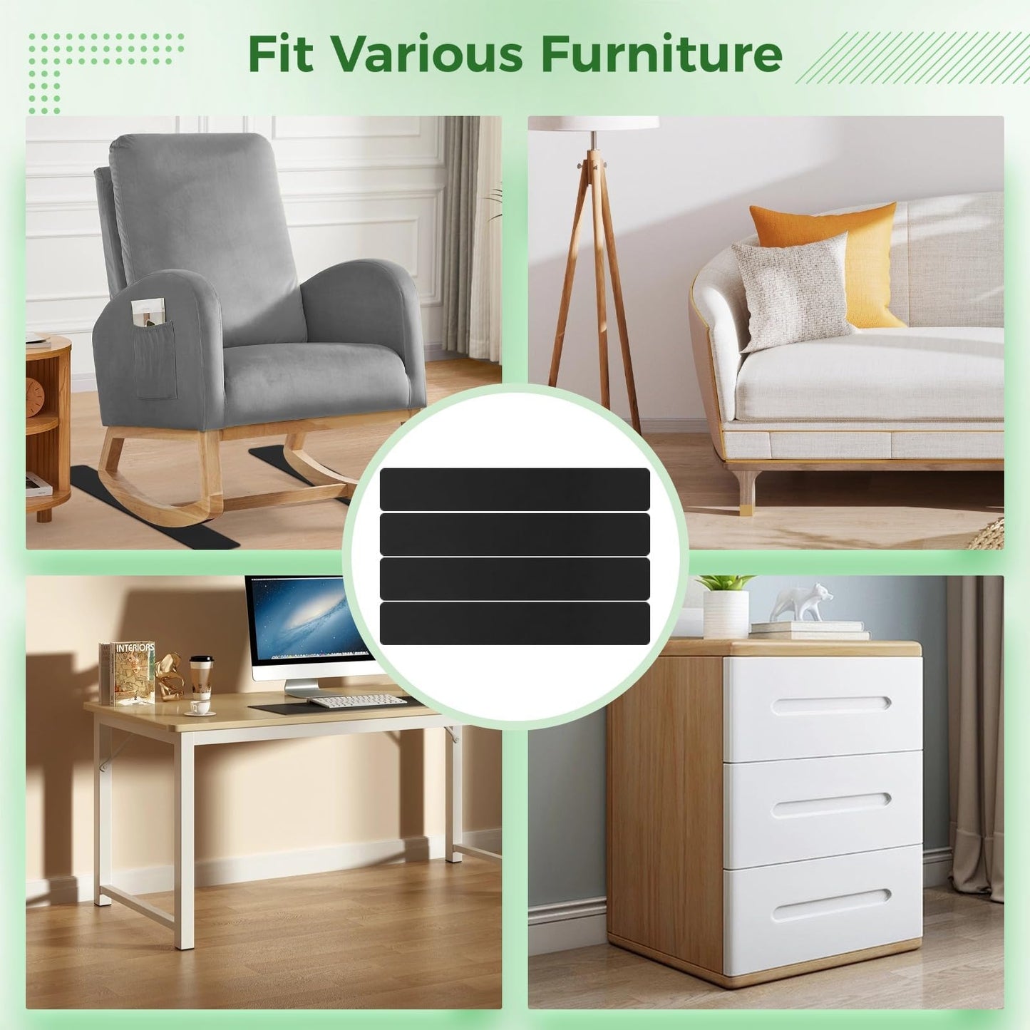 4 Pcs Anti-Slip Furniture Pads, Non-Slip Furniture Rail Pads for Recliners, Non-Skid Furniture Gripper Pads, Rubber Chair Floor Protectors for Hardwood Floors, Sofas, Couches, Chairs