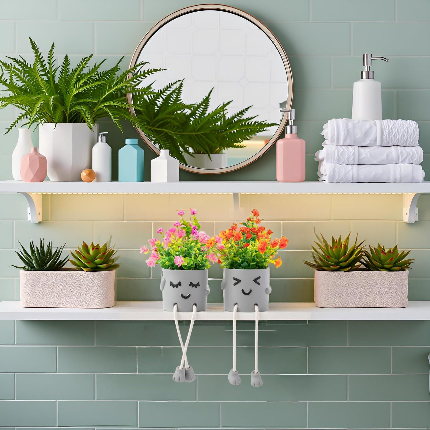 skycoo 3Pack Fake Plants in Cute Pots, Indoor Faux Plants Decorations Lifelike with 60 Artificial Flowers for Office Bathroom Bedroom Living Room Kitchen Home Farmhouse Shelf Decor C