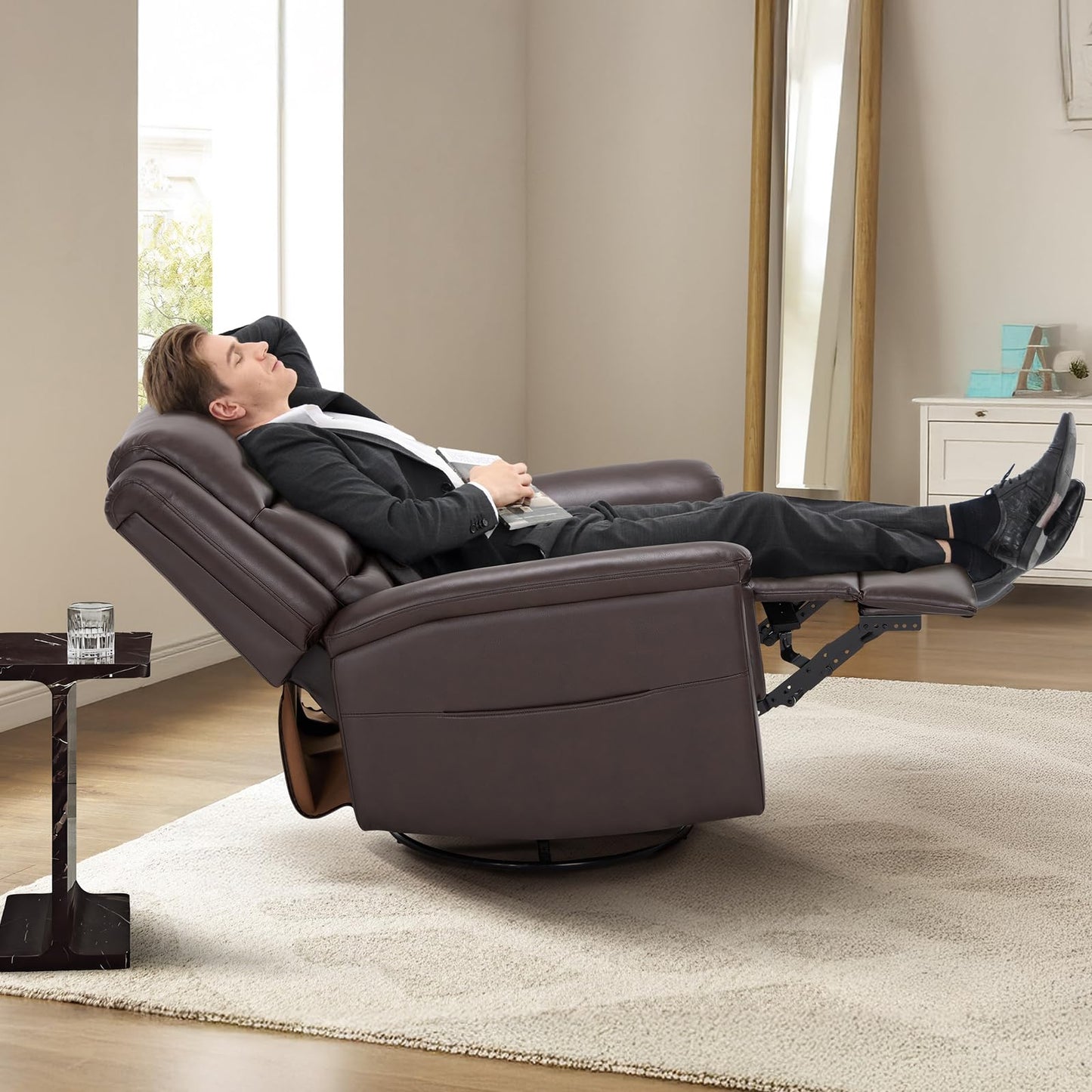 COLAMY Oversized Leather Recliner Chair, 360°Swivel Rocking Manual Recliner with Thick Cushioned Padding Backrest and Wide Seat - Darkbrown