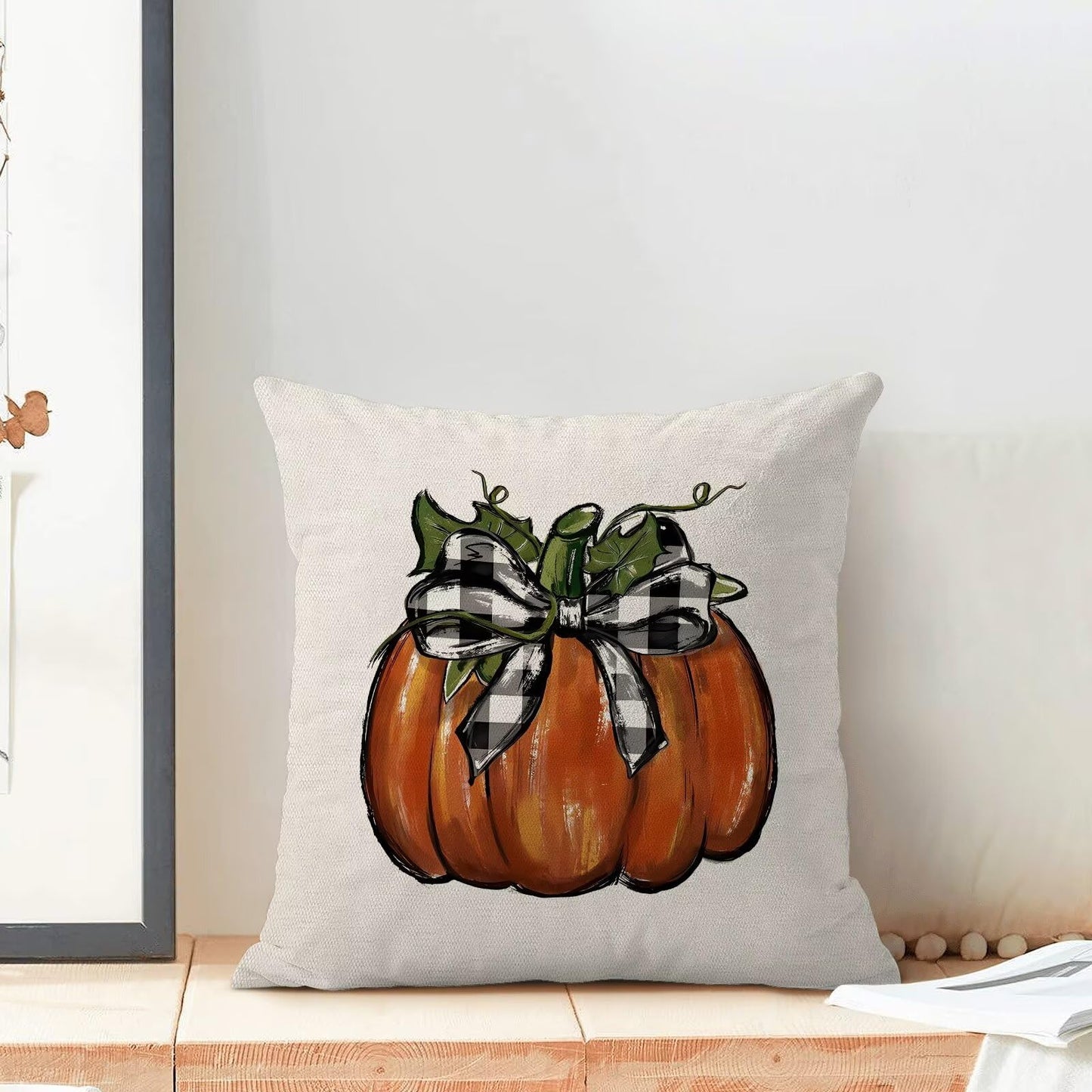 Fall Pillow Covers 18x18 Set of 2, Thanksgiving Pumpkin Decorative Autumn Flower Farmhouse Outdoor Throw Pillowcase Buffalo Plaid Pumpkin Cushion Cover for Sofa Couch Living Room Bed Decor