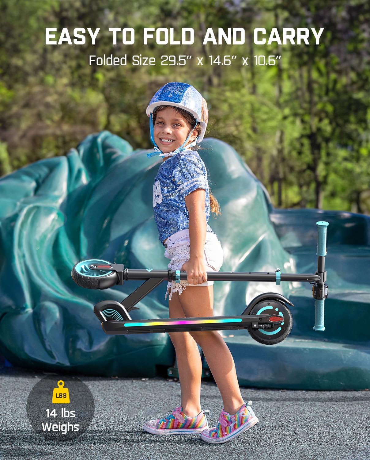 FanttikRide C9 Apex Electric Scooter for Kids 8-12, Adjustable Handlebar Height for Riders 3.9-5.2 ft, 132 lbs, Up to 40 mins Continuous Time, 3 Speed Mode 5/8/10 MPH, Bluetooth Music Speaker, Blue