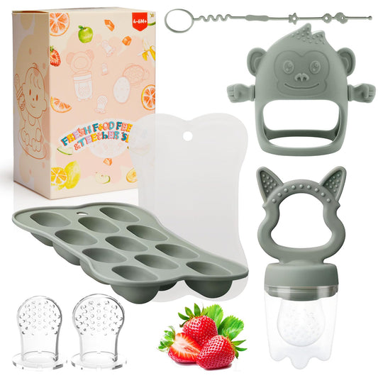 Baby Teething Relief Toys, Fruit/Food Feeder with Breastmilk Popsicle Molds & Teether Combo Food Grade Silicon for 6M+ Breastmilk Pops, Frozen Fruit, Teether Toys for Baby Gift(Green)