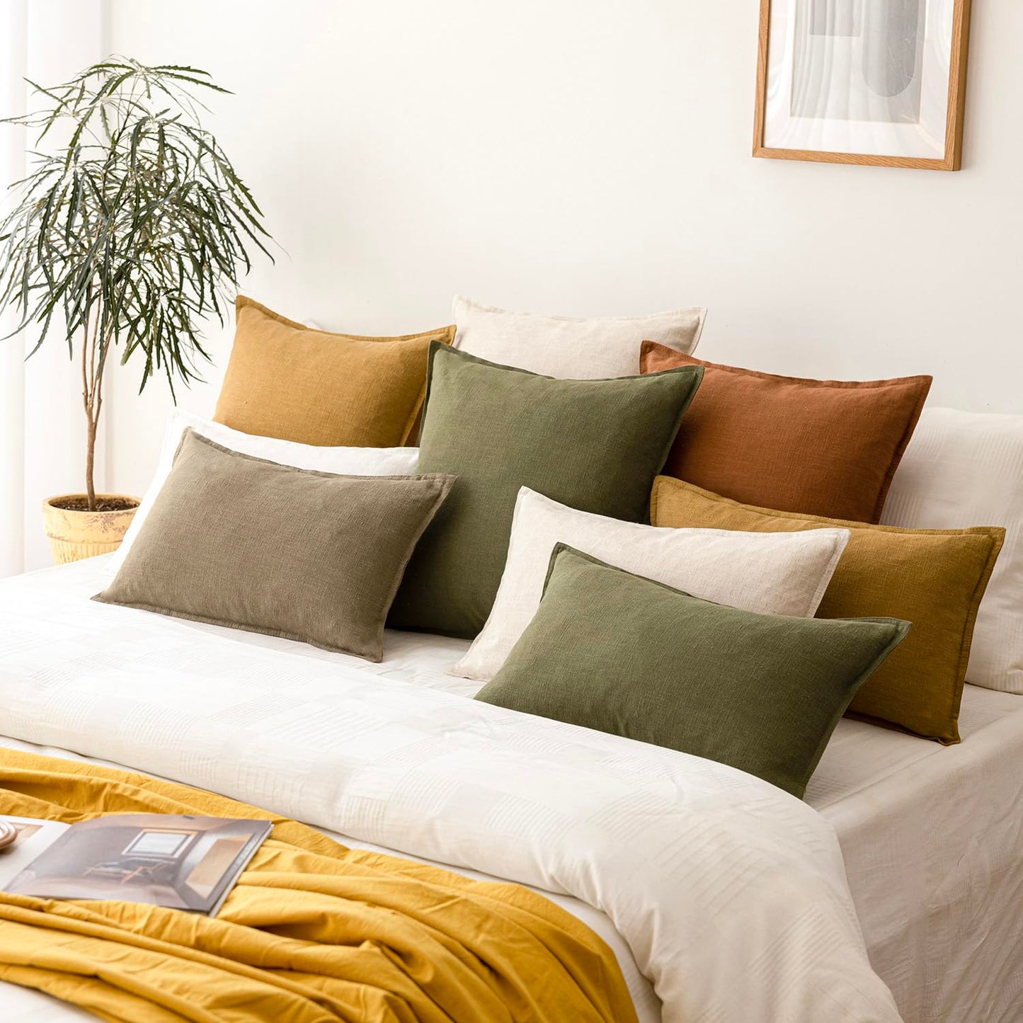 Foindtower Pack of 2, Decorative Linen Soild Throw Pillow Covers Soft Accent Cushion Case Boho Farmhouse Neutral Pillowcase for Couch Sofa Bedroom Living Room Home Decor 24 x 24 Inch Natural Beige