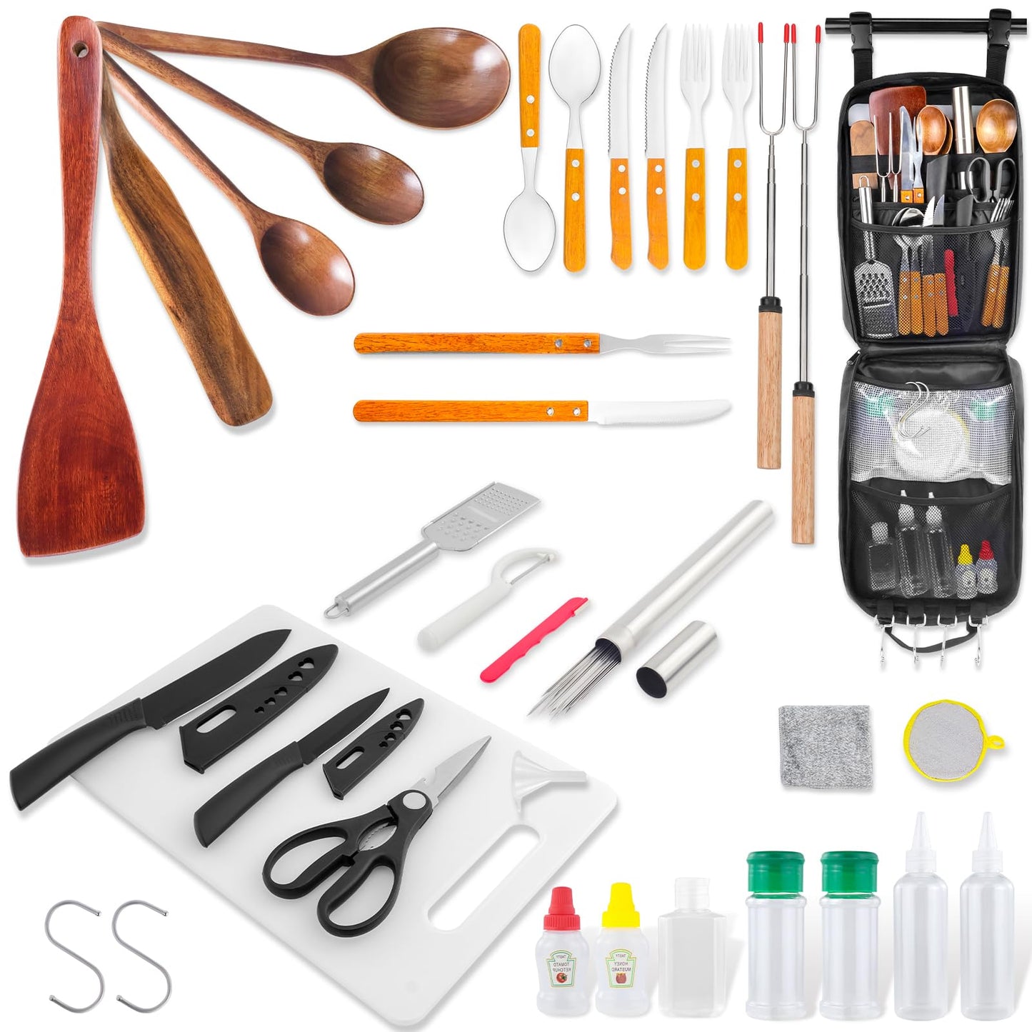 Camping Cooking Cookware Set - Upgraded 22PCS Camp Kitchen Organizer with Wooden Utensils, Portable Gear for Outdoor Dining Essentials