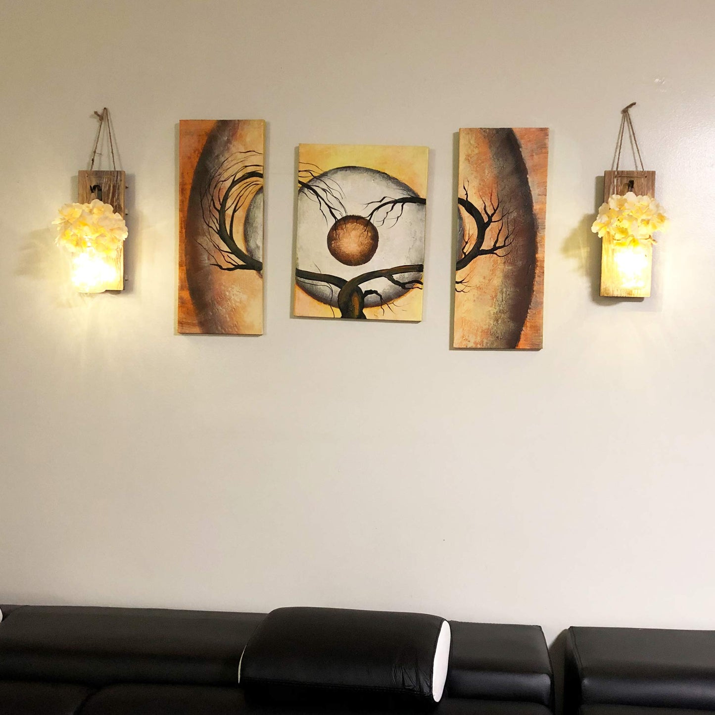 Besuerte Mason Jar Wall Sconces Set of Two, Wall Deco Cute Wall Decor with LED Fairy Lights, Art for Living Room Modern Decorations, House Decor, Rustic Brown