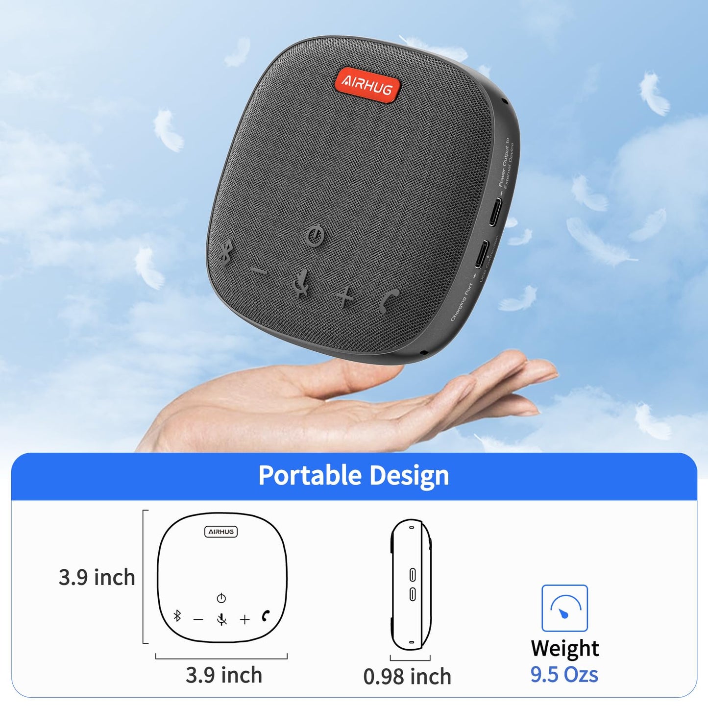 AIRHUG Conference Speaker and Microphone, Bluetooth Speakerphone with 360° Voice Pickup, Advanced Noise Reduction, USB-C Plug & Play, Compatible with Zoom and MS Team