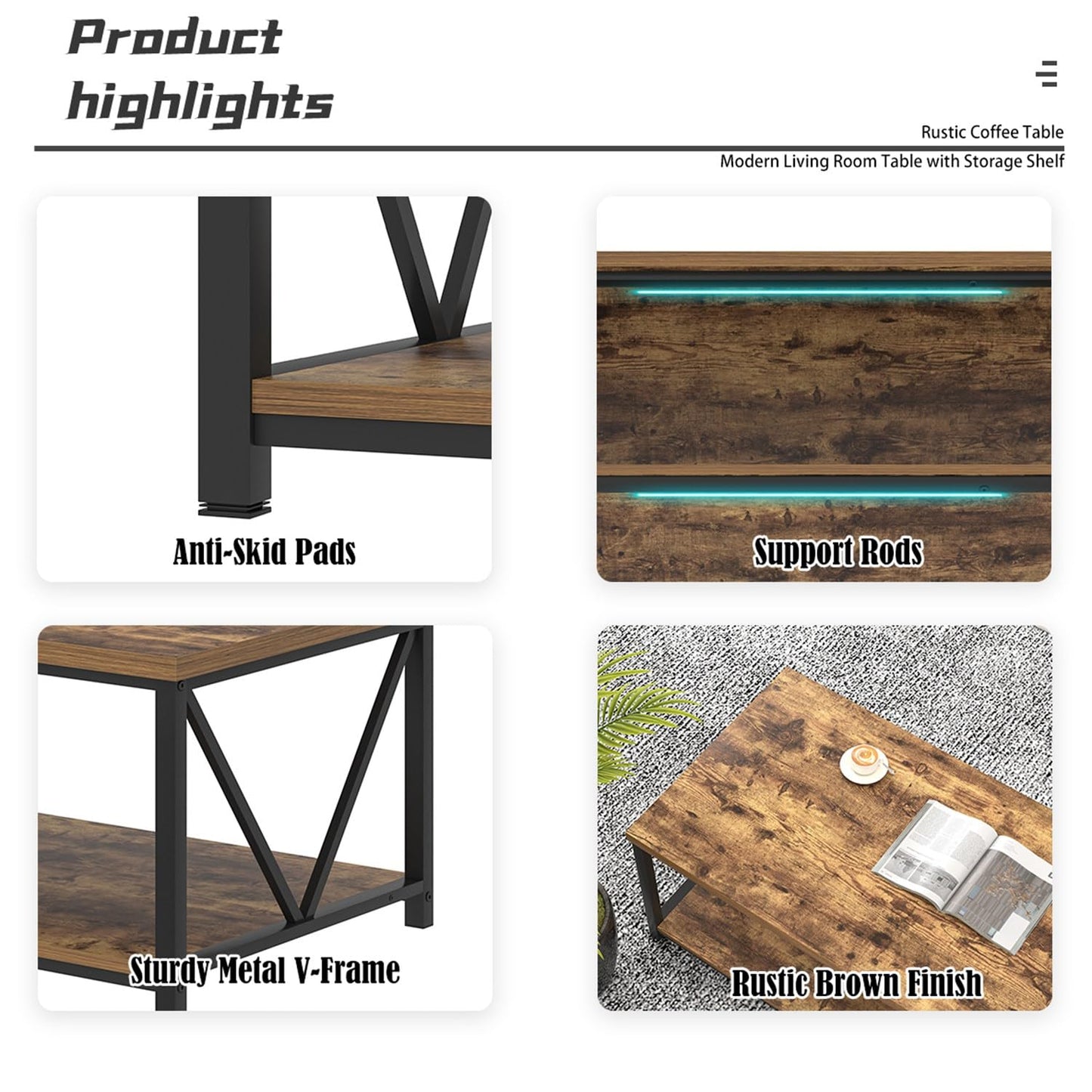 EXCEFUR Modern Coffee Table, Rustic Wood and Metal Living Room Table with Storage Shelf, Industrial Rectangle Center Table, 47 Inch Brown