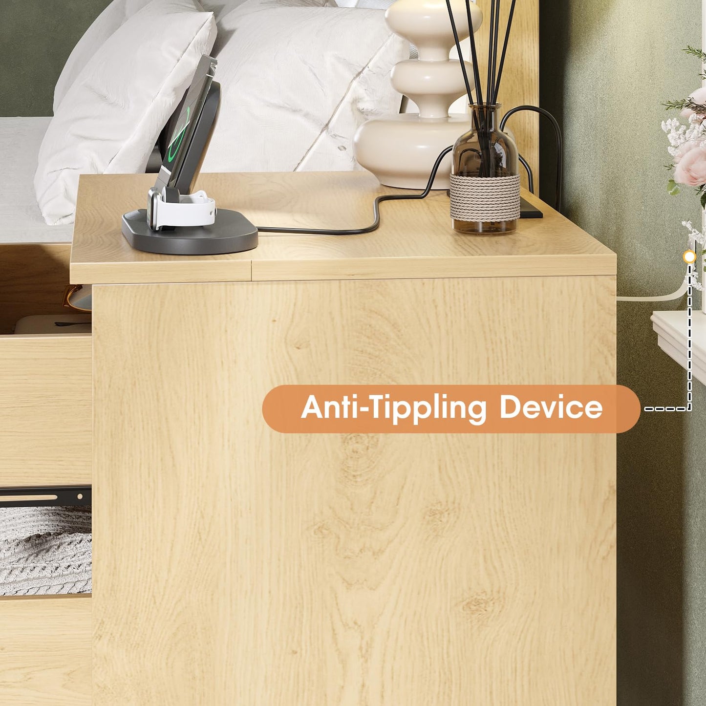 Fluted Nightstand with Charging Station, 20" Modern Bedside Table with 2 Drawers for Bedroom, Mid Century Modern End Table with Storage for Living Room, Natural Oak (1 Piece)