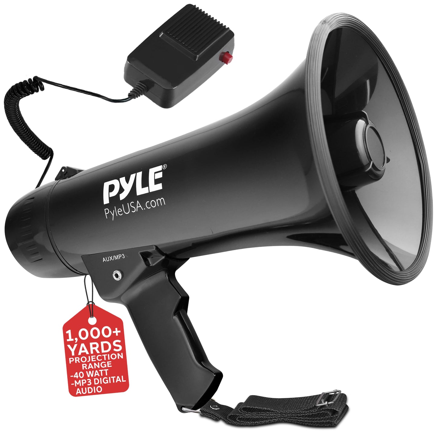 Pyle Megaphone Speaker PA Bullhorn Built-in Siren - Adjustable Volume Control & 1000 Yard Range - for Football, Soccer, Baseball, Hockey & Basketball Cheerleading Fans & Coaches or for Safety Drills