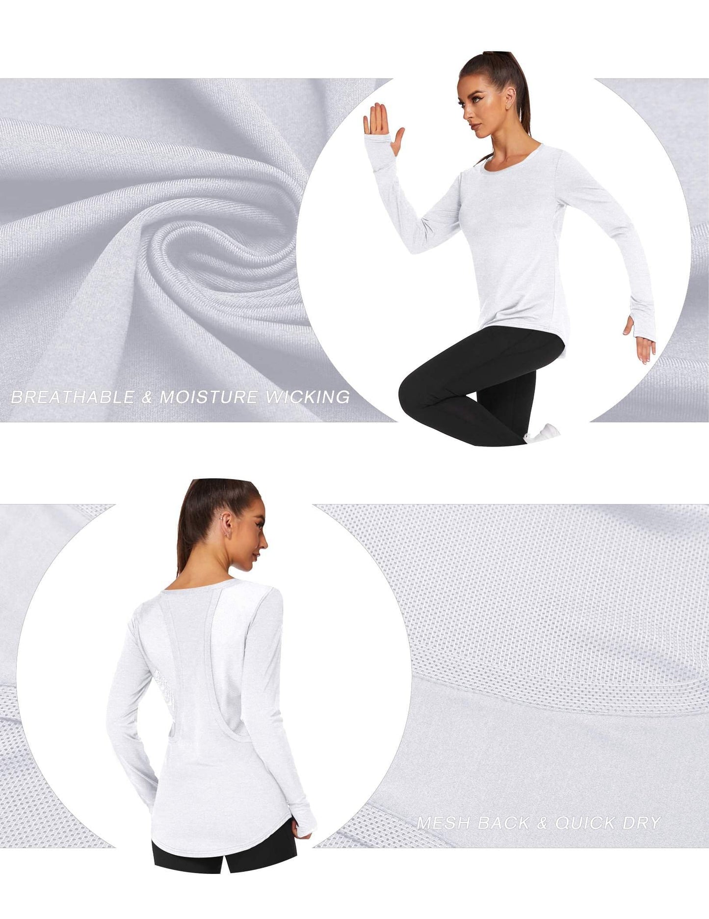 PINSPARK Long Sleeve Workout Tops for Women Mesh Breathable Yoga Tops Hiking Gym Shirts Quick Dry Running Clothes White S