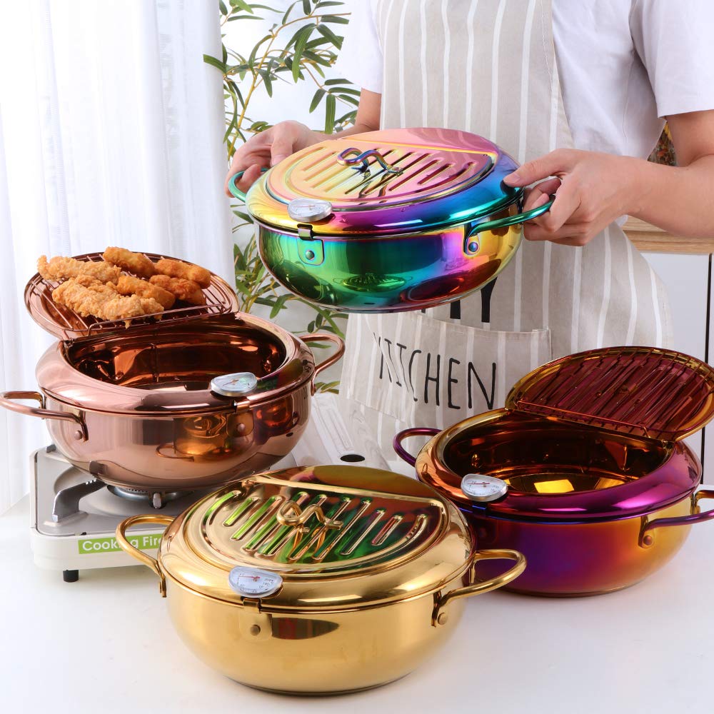 Stainless Steel Deep Fryer for Home, 115Oz Tempura Fryer Pot w/Thermometer and Oil Drip Rack Lid, Japanese Style Deep Frying Pan w/Strainer Clip, for Tempura chips, Fish, and Chicken (Rainbow Color)