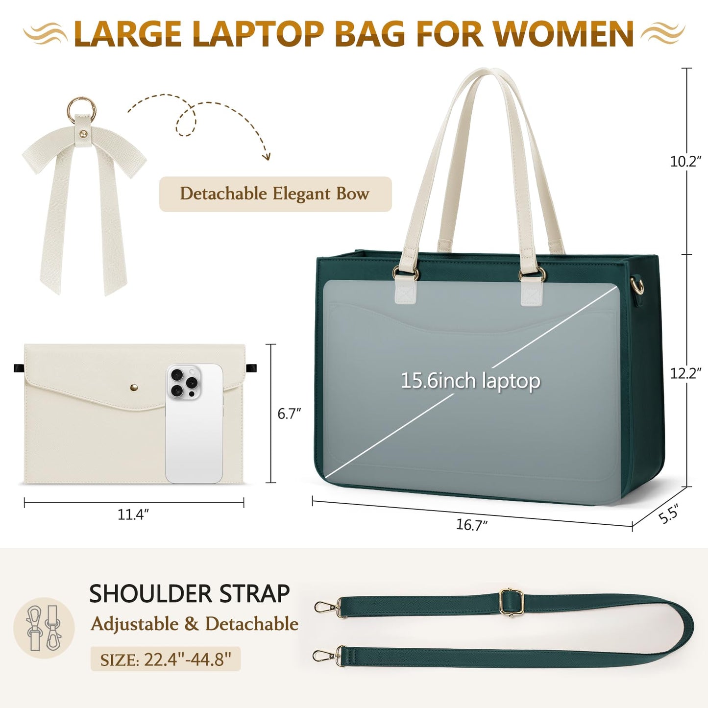 RAINSMORE Laptop Bag for Women 15.6 Inch Work Tote Bags Leather Laptop Tote Waterproof Computer Bag Professional Office Briefcase Large Handbag for College Teacher Travel, Beige and Green