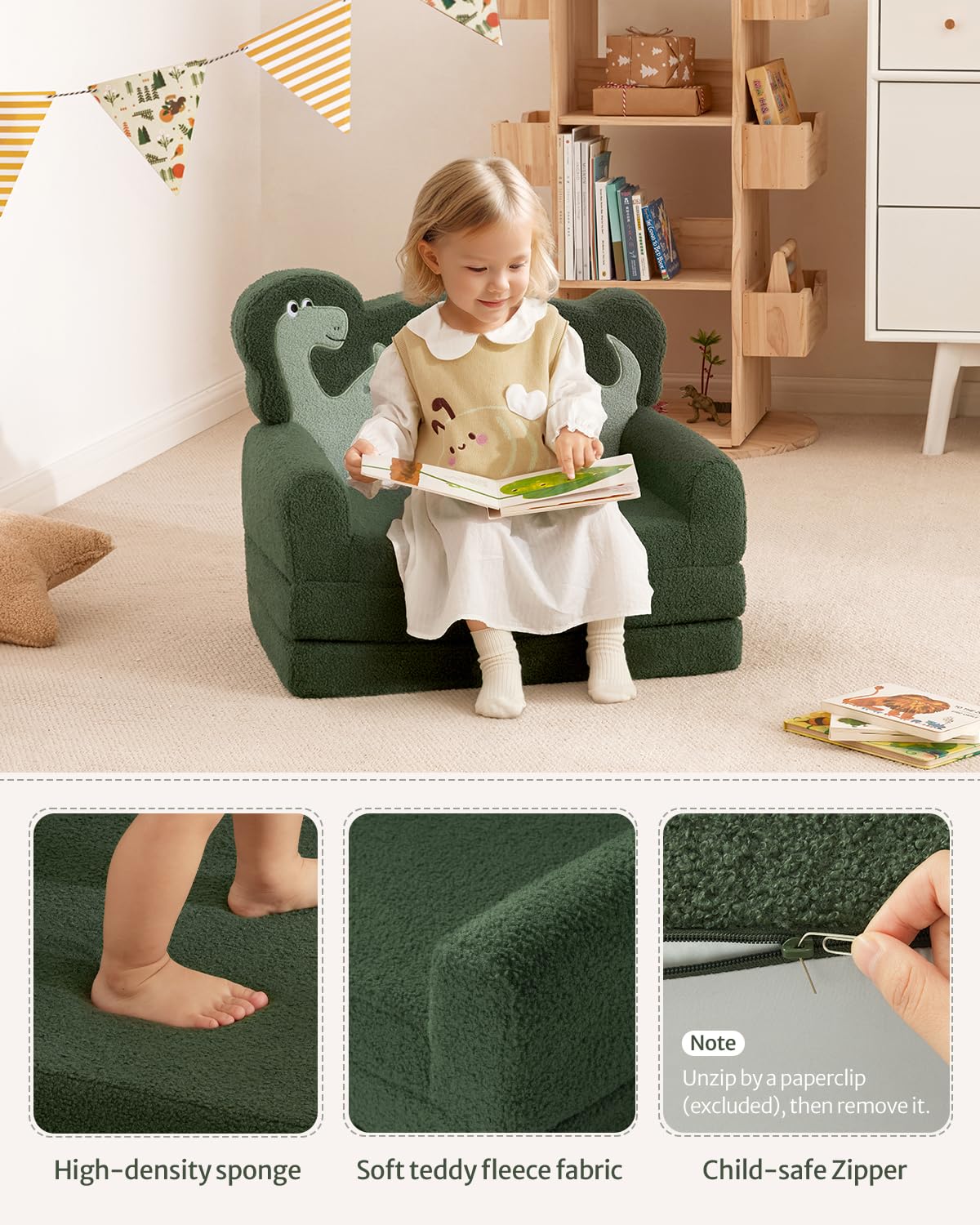 Blissful Diary Kids Couch, 2-in-1 Soft Toddler Couch Fold Out, Toddler Chair Comfy, Convertible Sofa to Lounger, Kids Furniture for Playroom, Gift for Birthday, Children's Day, Green Dinosaur