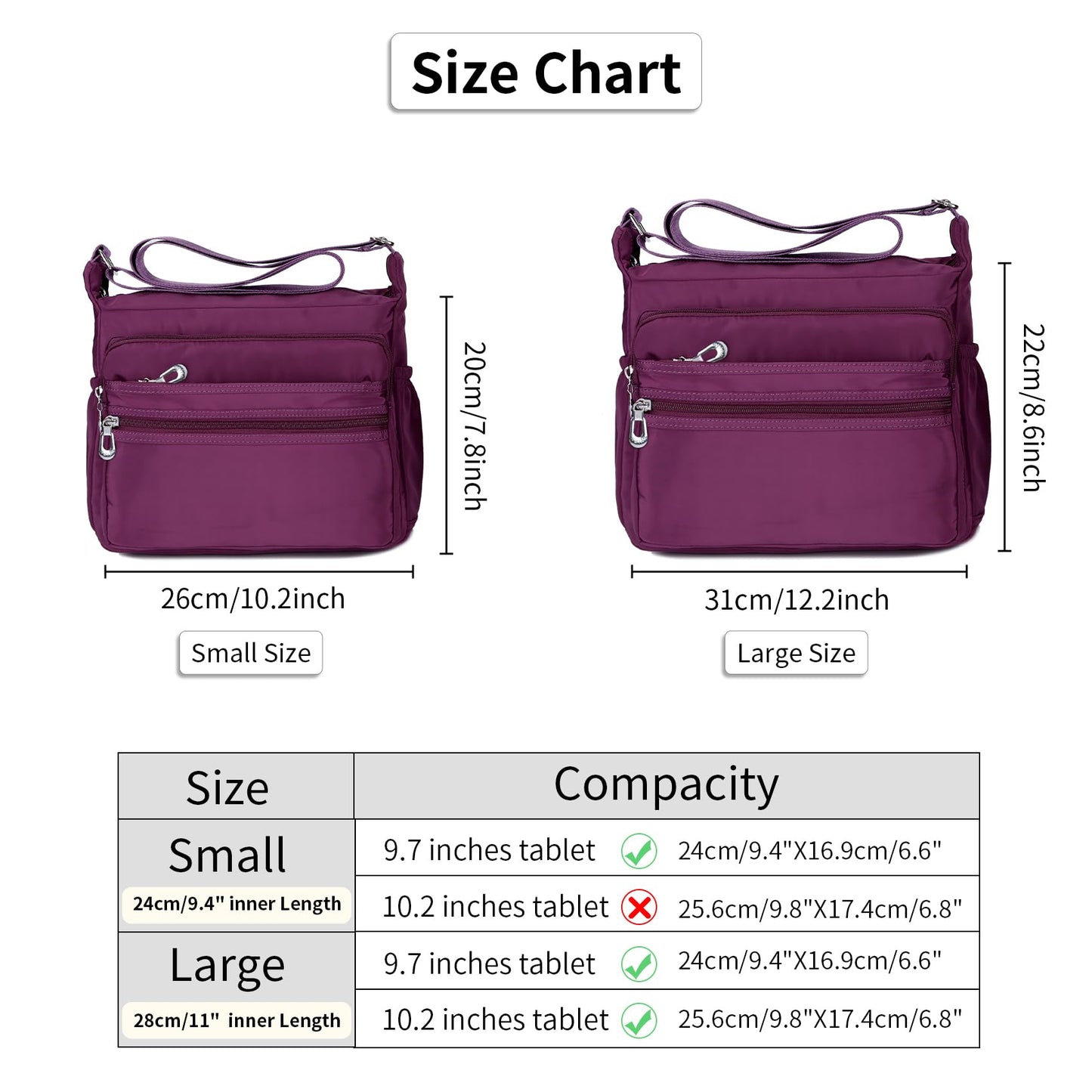 NOTAG Crossbody Bag for Women Waterproof Shoulder Bag Messenger Handbags Casual Nylon Purse Handbag (Large 11inches, Purple)