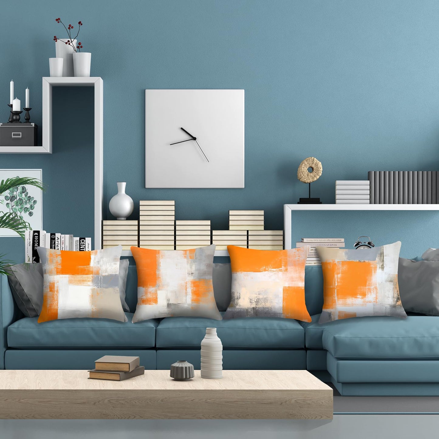 HOSTECCO Orange and Grey Throw Pillow Covers 18x18 inch Set of 4 Orange Abstract Art Pillow Cases Contemporary Square Decorative Cushion Covers for Sofa Couch Bed