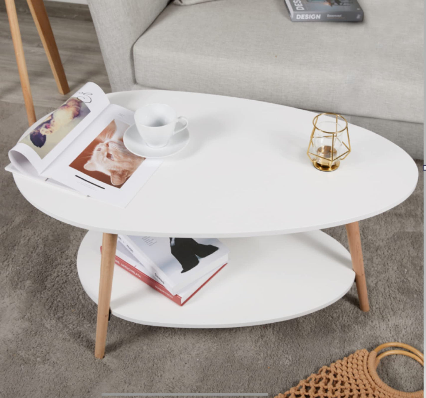 Maupvit Coffee Table-Oval Wood Table with Open Shelving for Storage and Display 2 Tier Sofa Table, Small Modern Furniture Living Room&Home Office-White